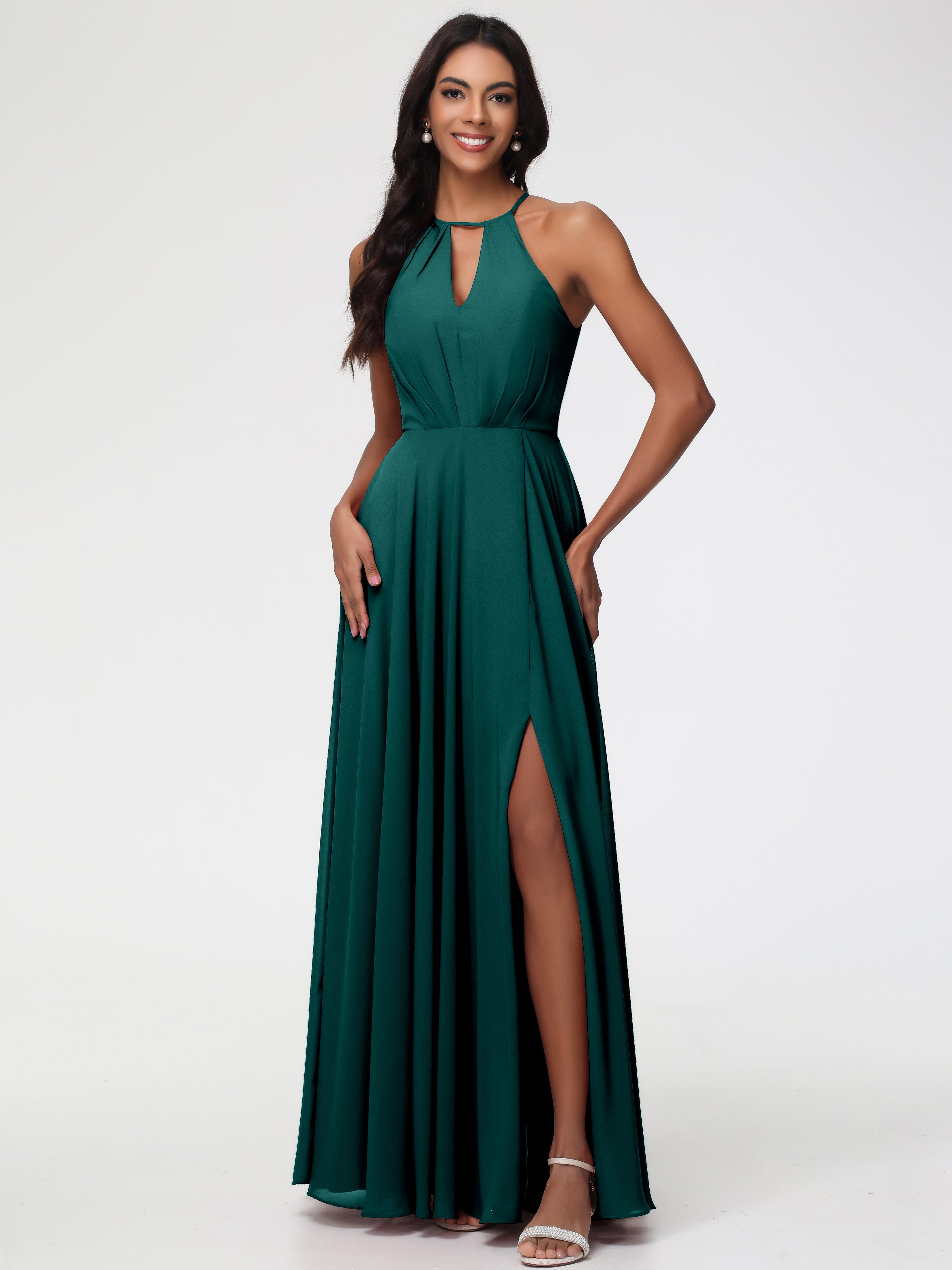 Robes De Demoiselle D'Honneur Couleur Paon Licou Fendue Mousseline Robe Demoiselle D'Honneur Longue Plissée