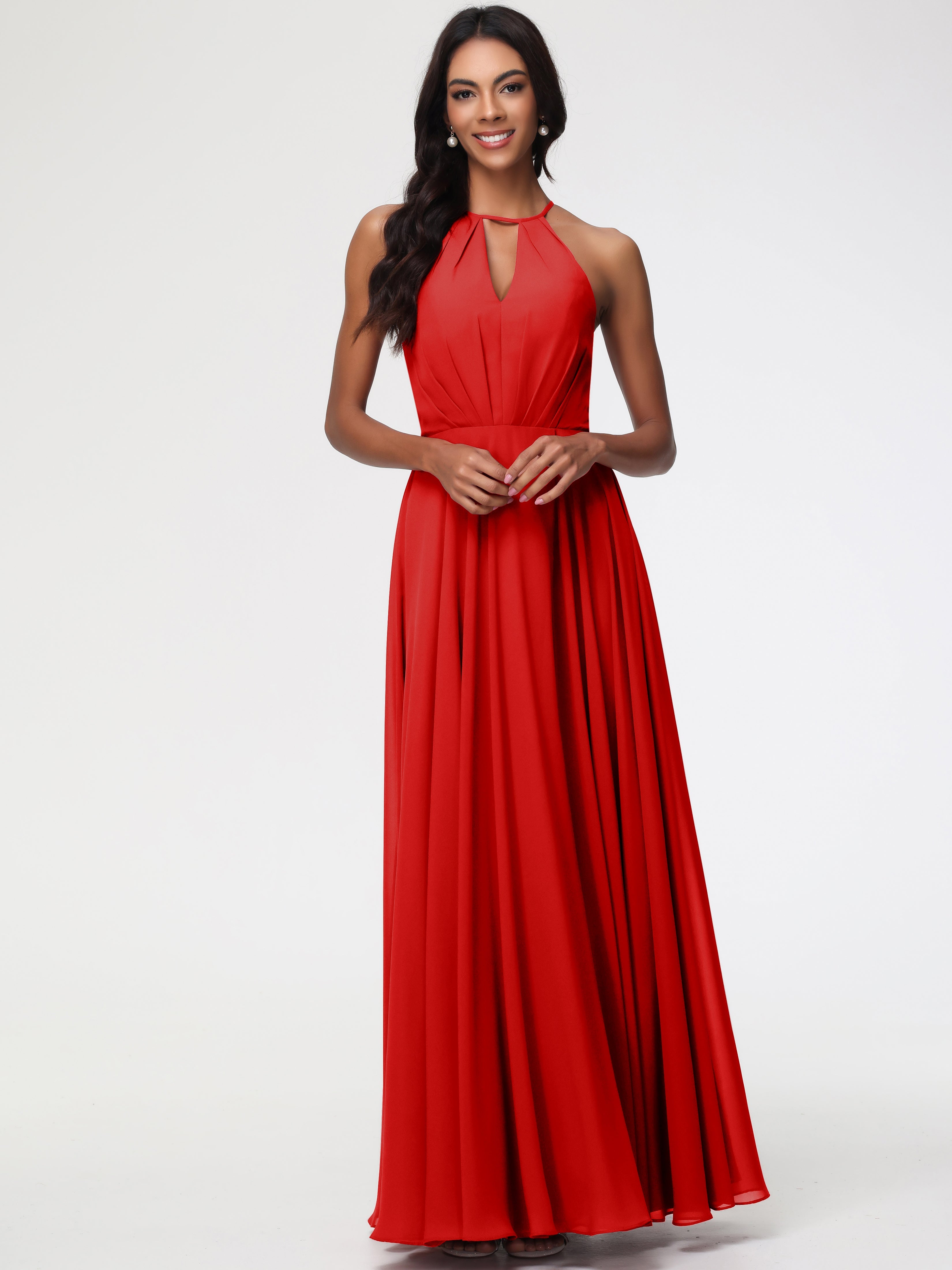 Robe Demoiselle D Honneur Rouge Licou Fendue Mousseline Robe Demoiselle D'Honneur Longue Plissée