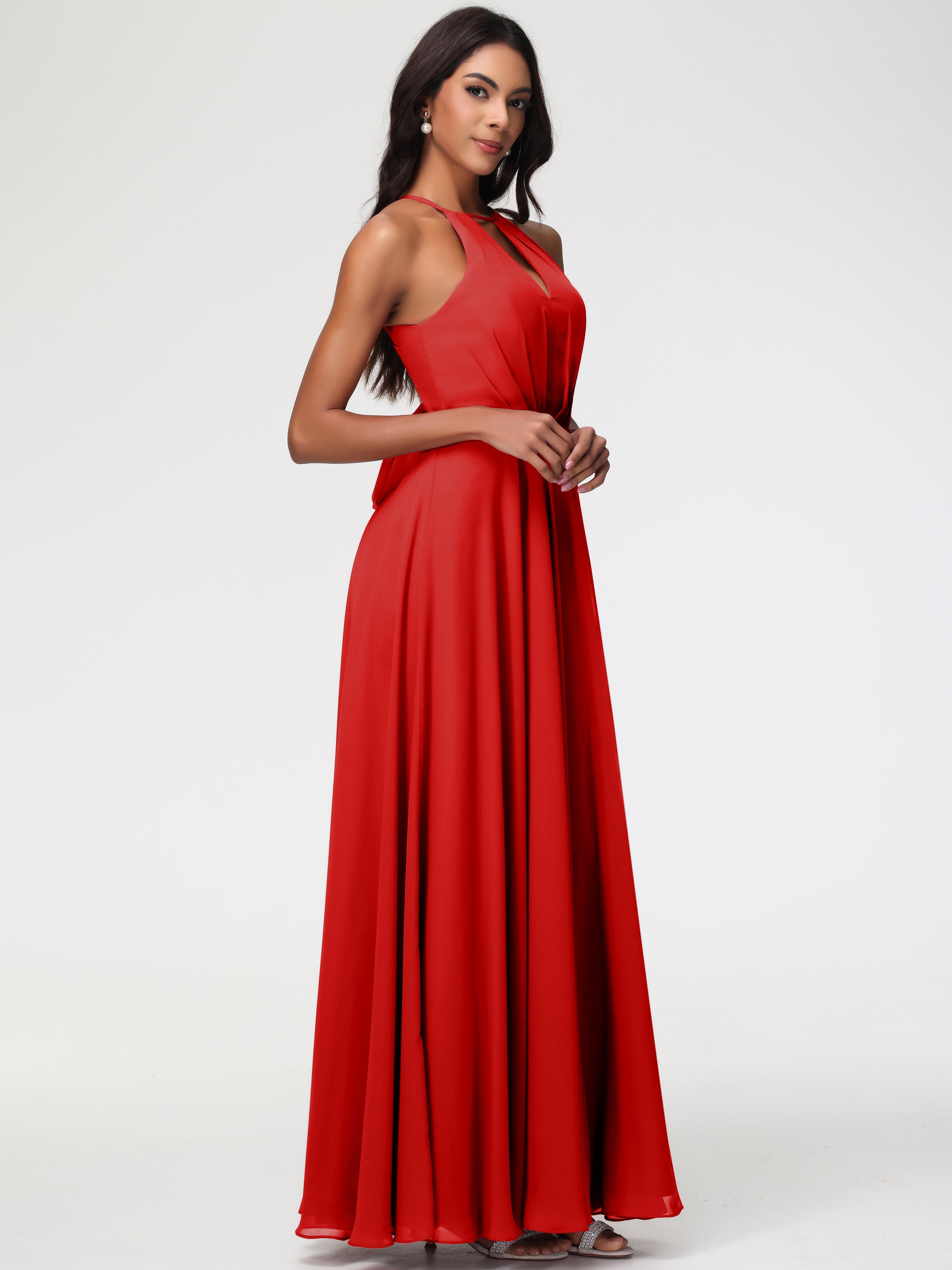Robe Demoiselle D Honneur Rouge Licou Fendue Mousseline Robe Demoiselle D'Honneur Longue Plissée