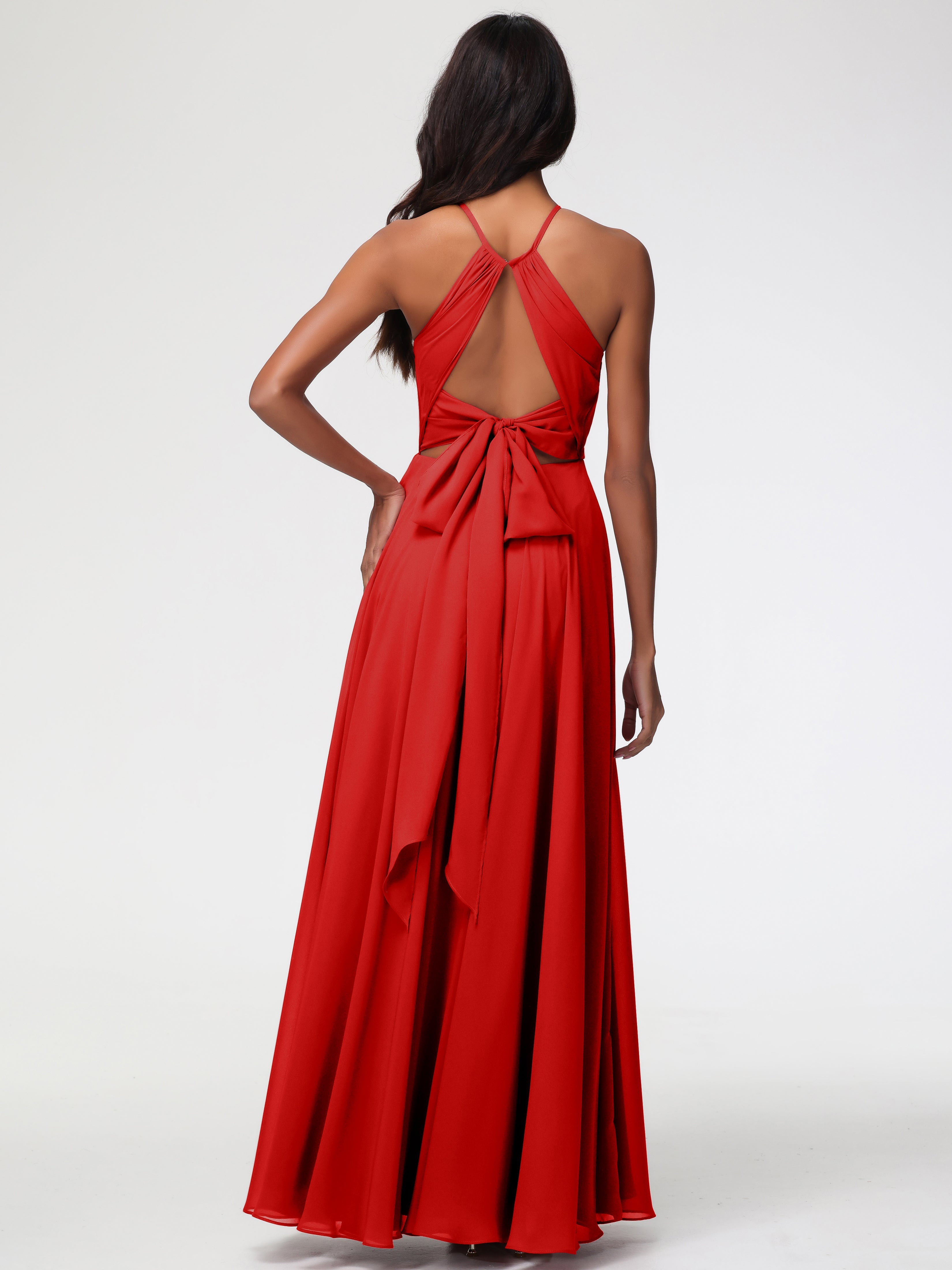 Robe Demoiselle D Honneur Rouge Licou Fendue Mousseline Robe Demoiselle D'Honneur Longue Plissée