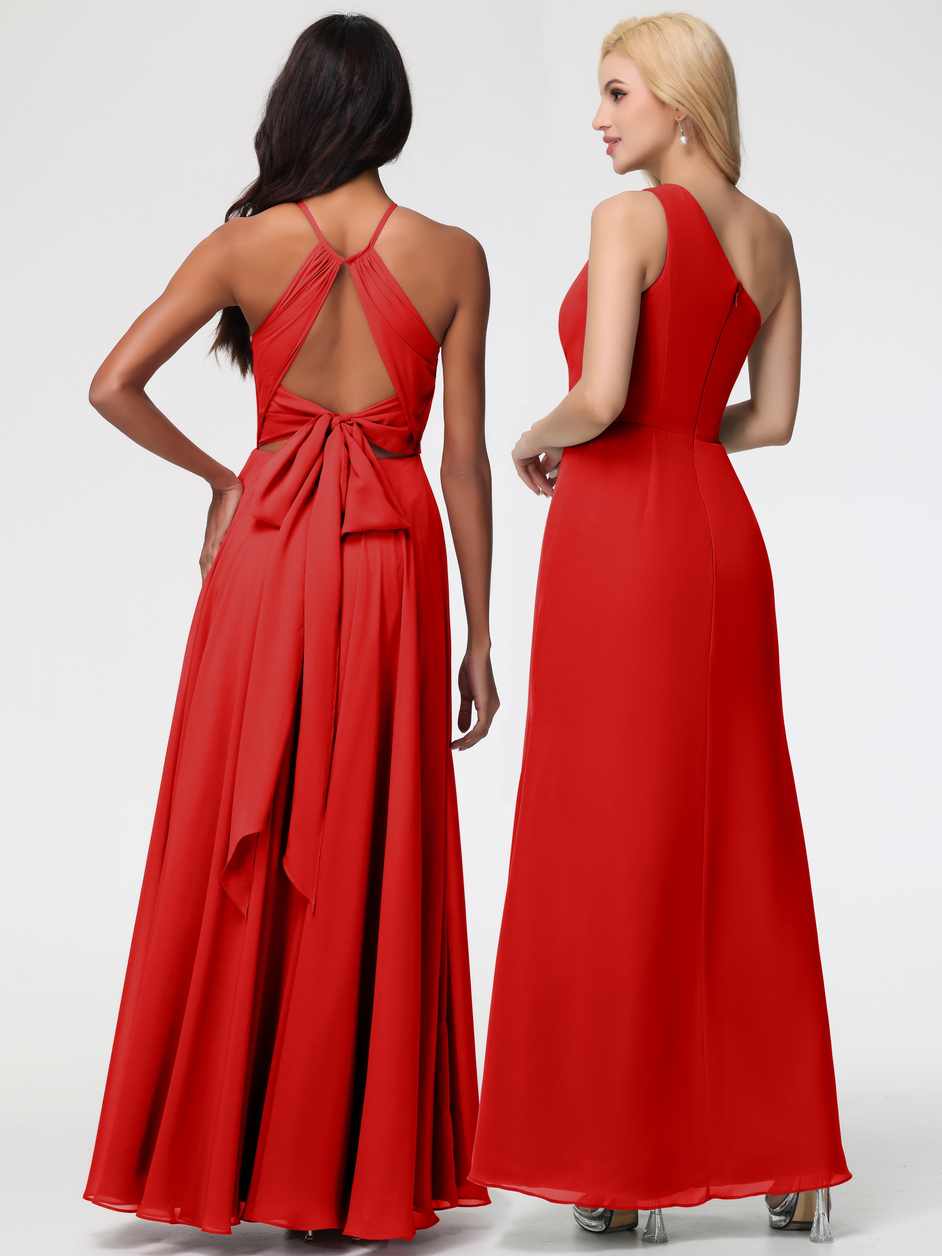 Robe Demoiselle D Honneur Rouge Licou Fendue Mousseline Robe Demoiselle D'Honneur Longue Plissée