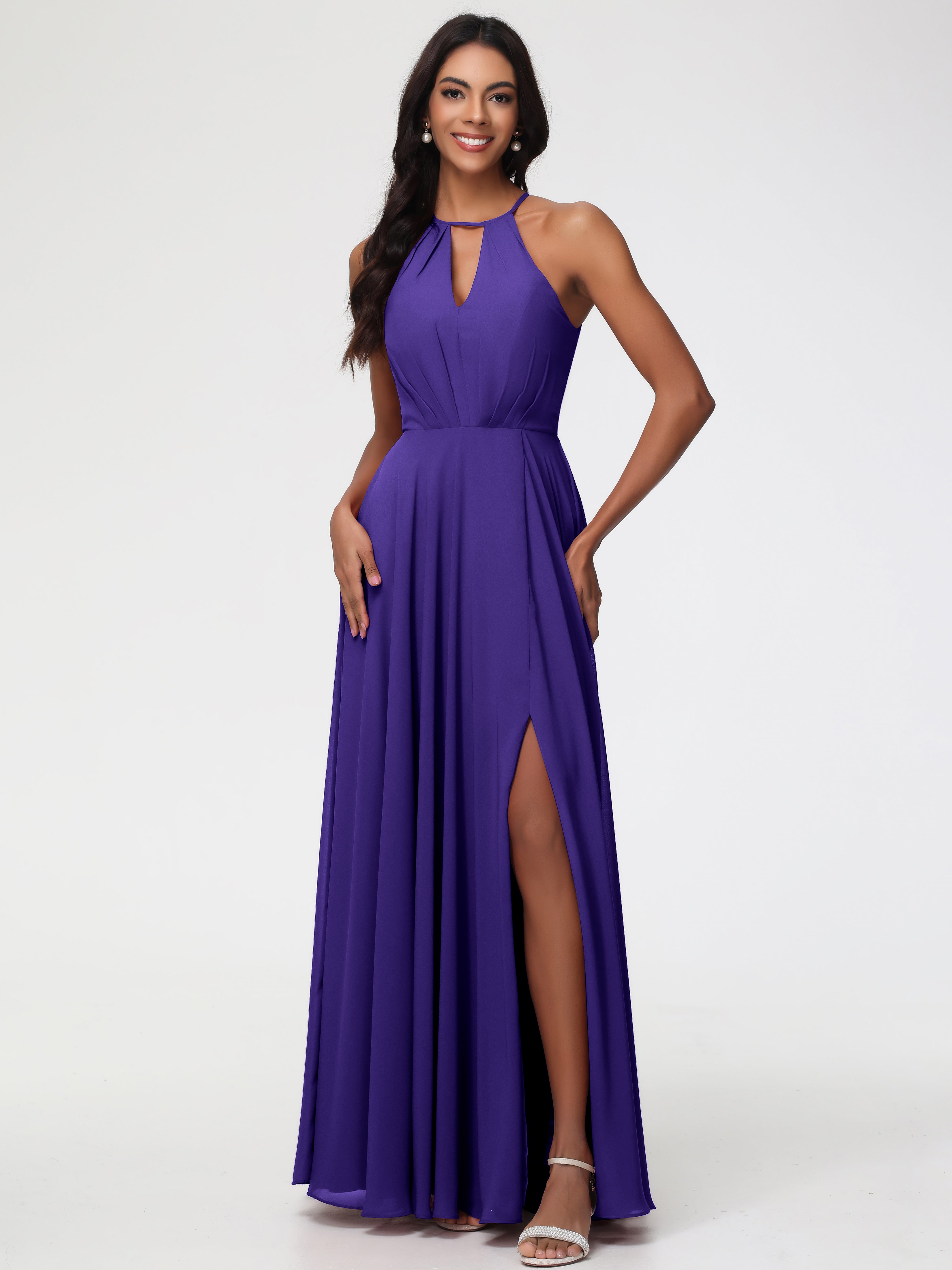 Robes De Demoiselle D'Honneur En Régence Licou Fendue Mousseline Robe Demoiselle D'Honneur Longue Plissée