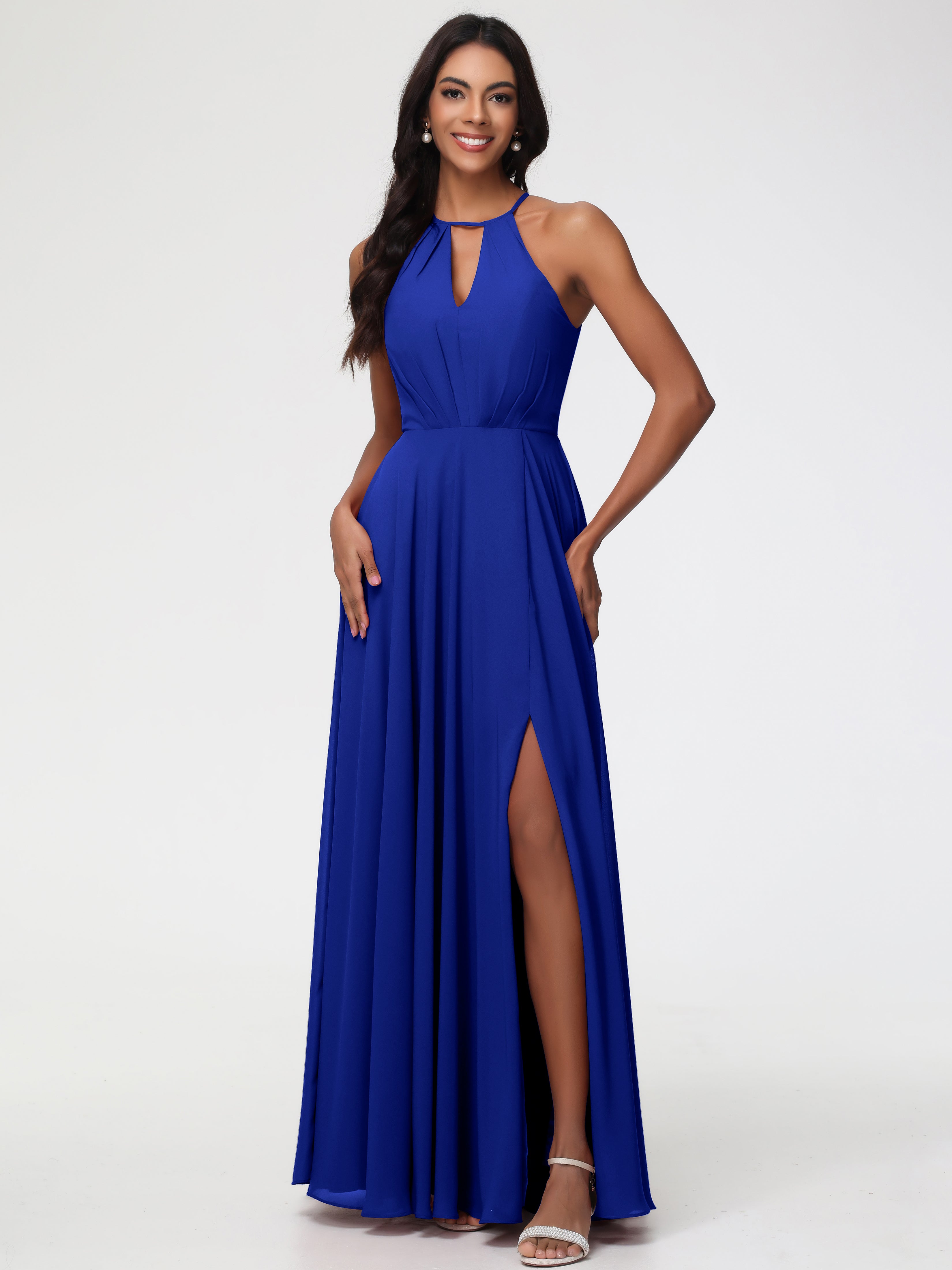 Robe Demoiselle D Honneur Bleu Royal Licou Fendue Mousseline Robe Demoiselle D'Honneur Longue Plissée