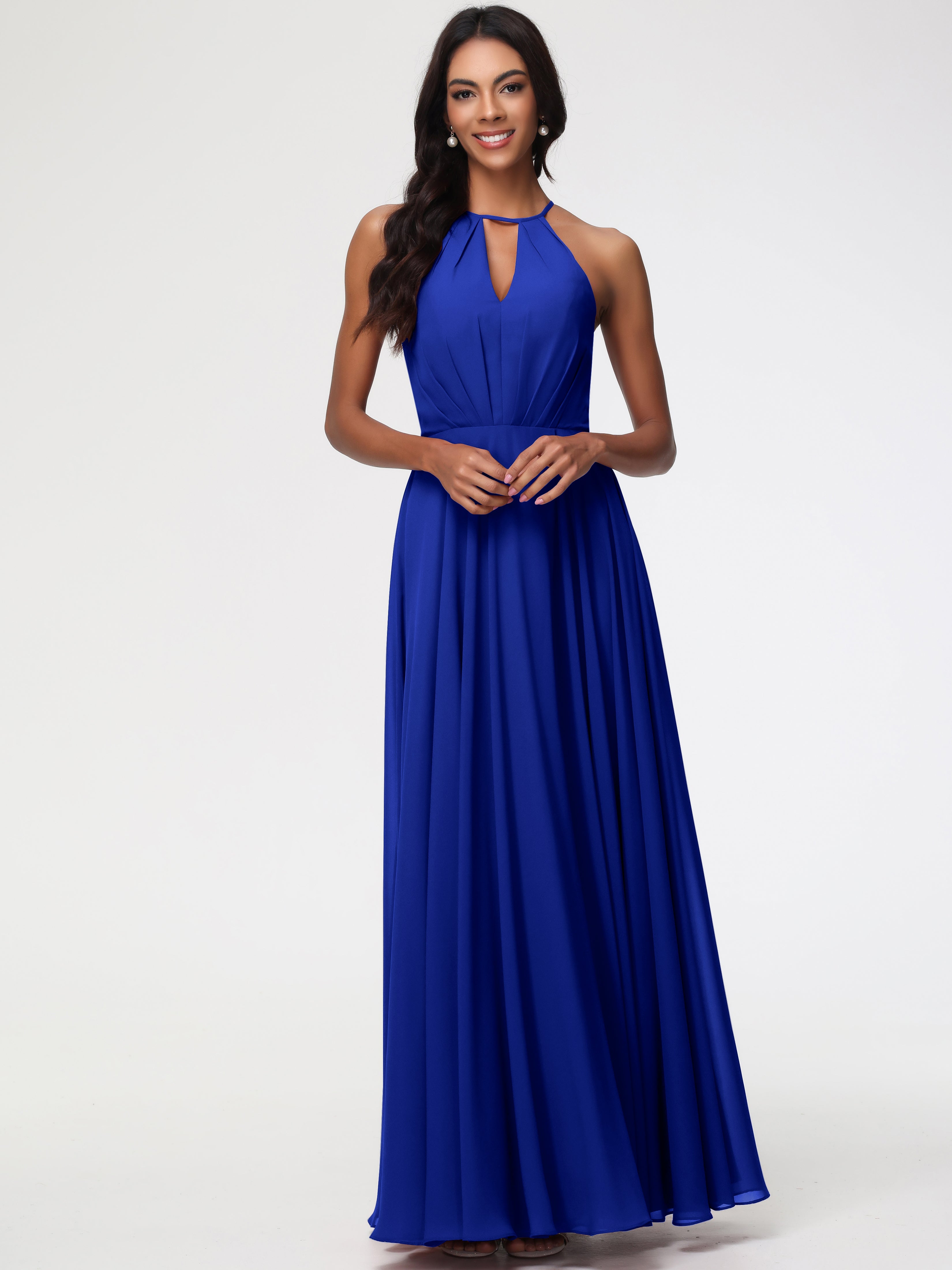Robe Demoiselle D Honneur Bleu Royal Licou Fendue Mousseline Robe Demoiselle D'Honneur Longue Plissée