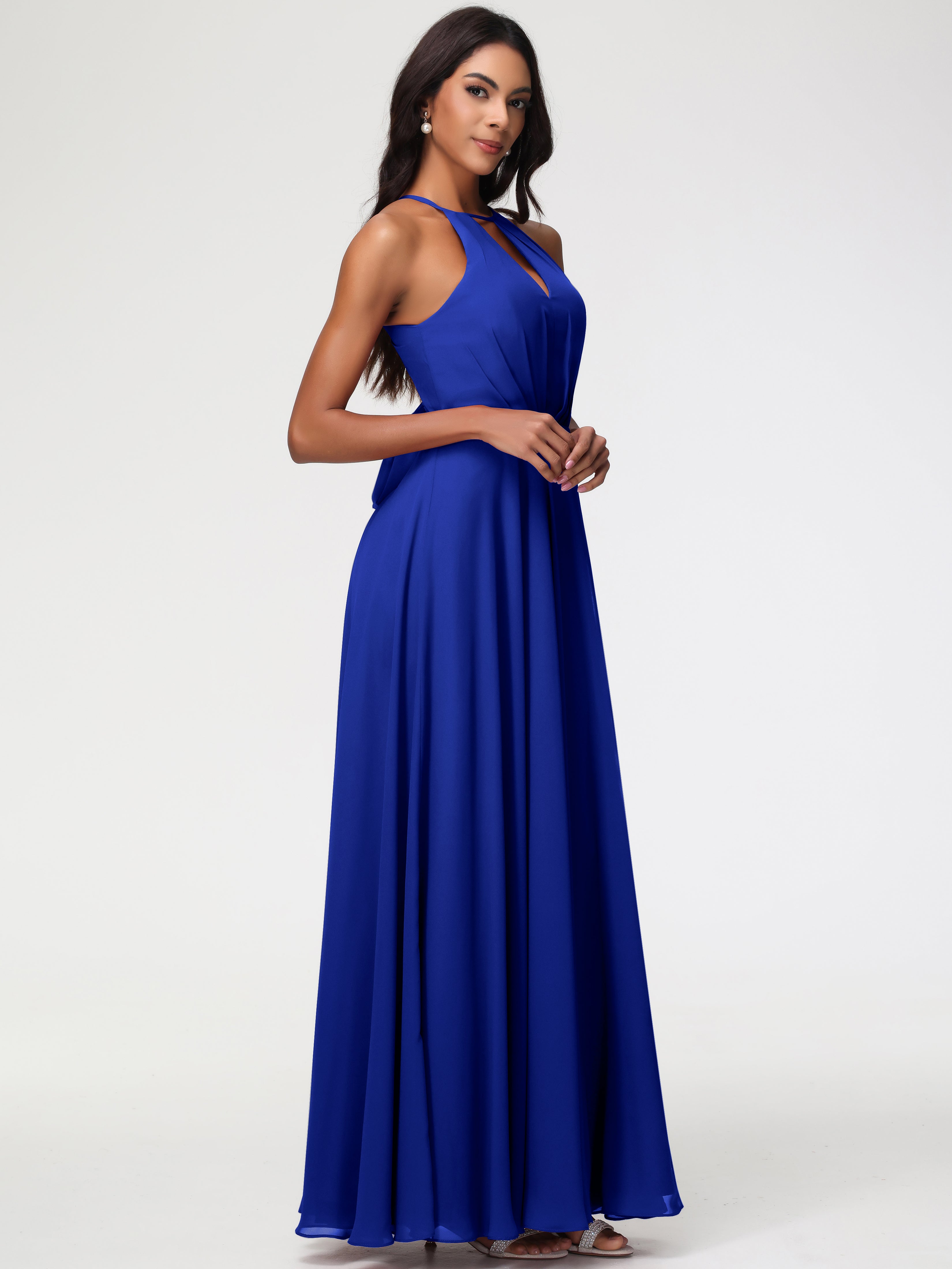 Robe Demoiselle D Honneur Bleu Royal Licou Fendue Mousseline Robe Demoiselle D'Honneur Longue Plissée