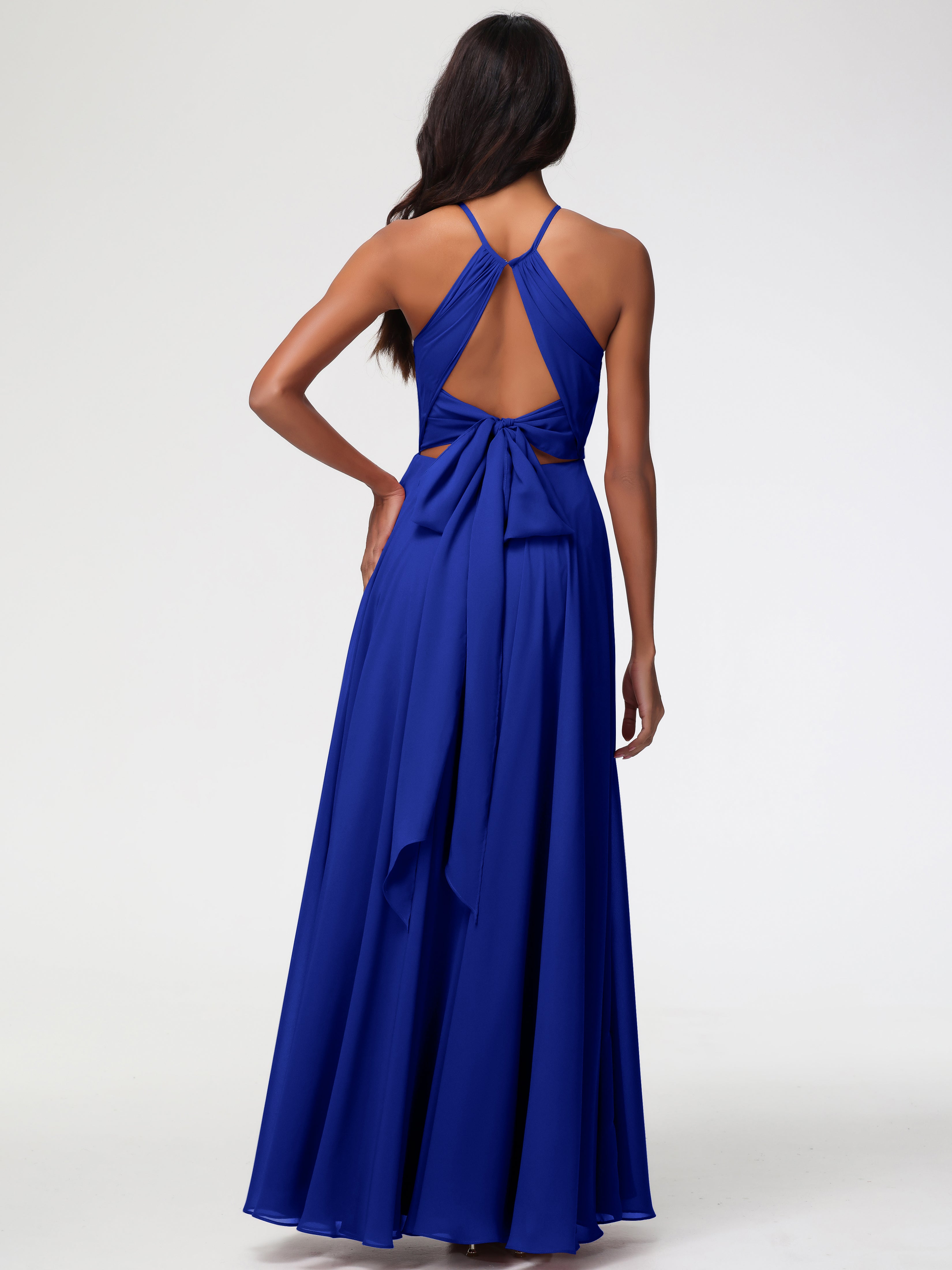 Robe Demoiselle D Honneur Bleu Royal Licou Fendue Mousseline Robe Demoiselle D'Honneur Longue Plissée