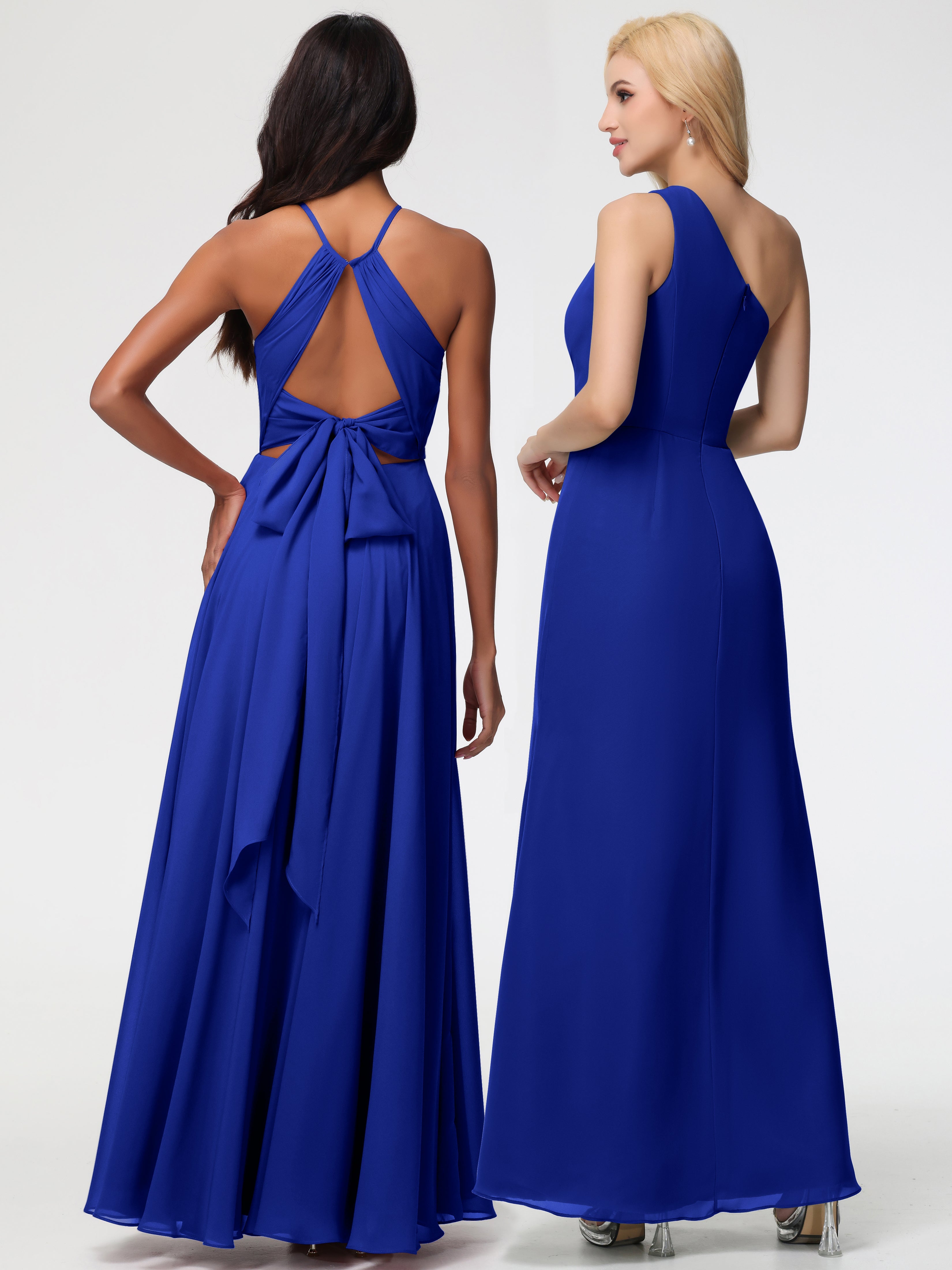 Robe Demoiselle D Honneur Bleu Royal Licou Fendue Mousseline Robe Demoiselle D'Honneur Longue Plissée