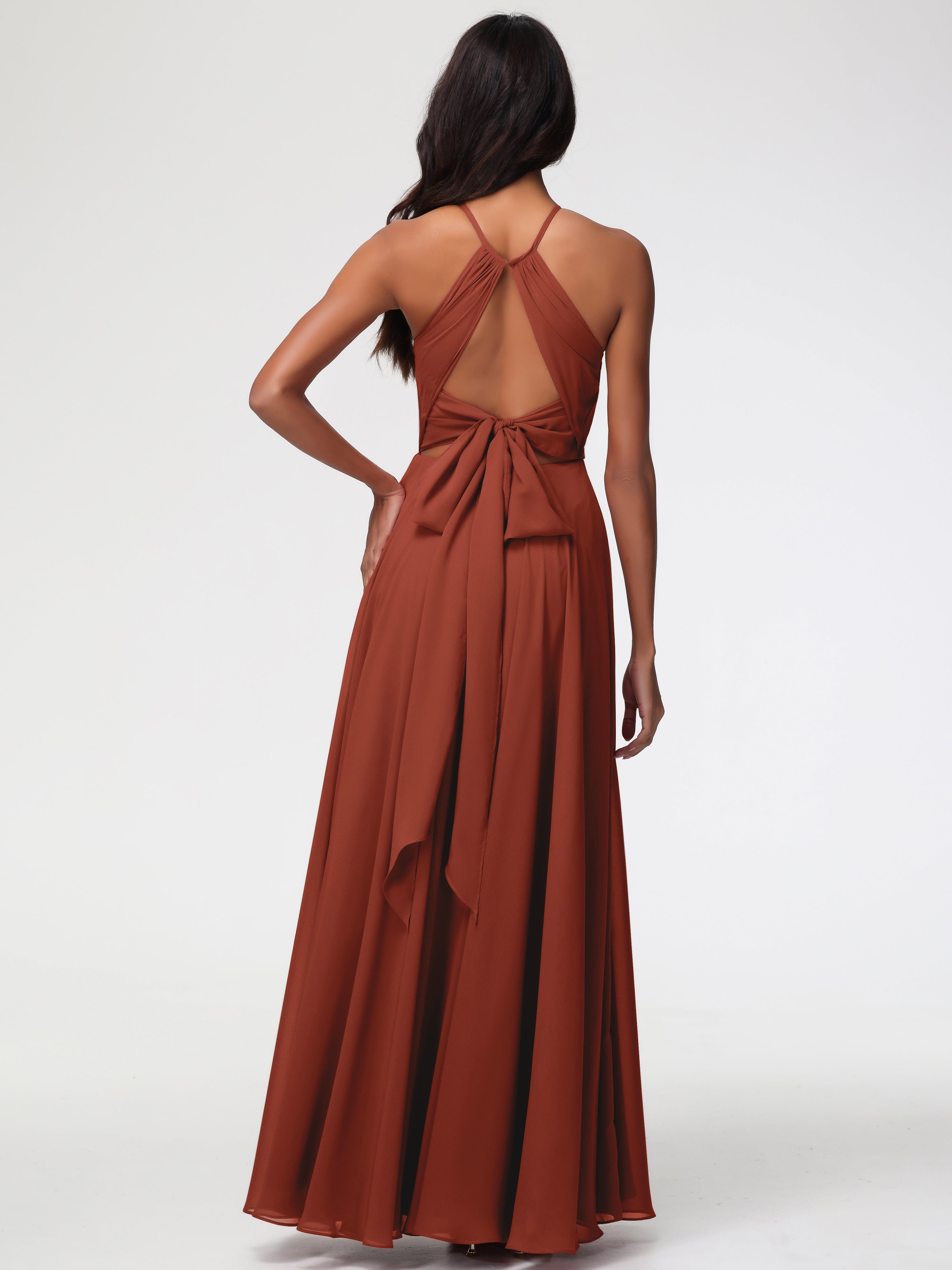 Robe Demoiselle D Honneur Rouille Licou Fendue Mousseline Robe Demoiselle D'Honneur Longue Plissée