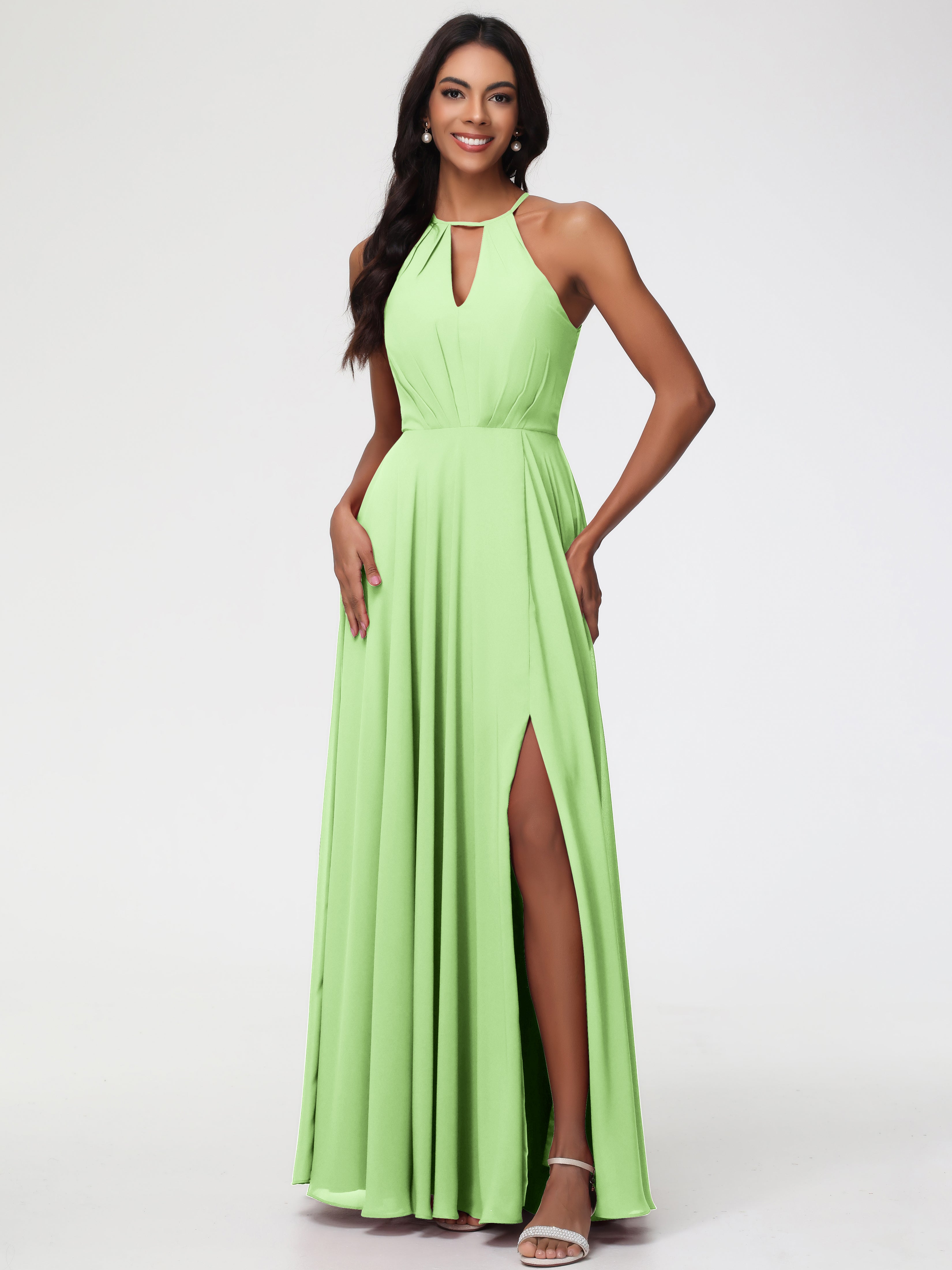 Robe Vert Sauge Demoiselle D Honneur Licou Fendue Mousseline Robe Demoiselle D'Honneur Longue Plissée