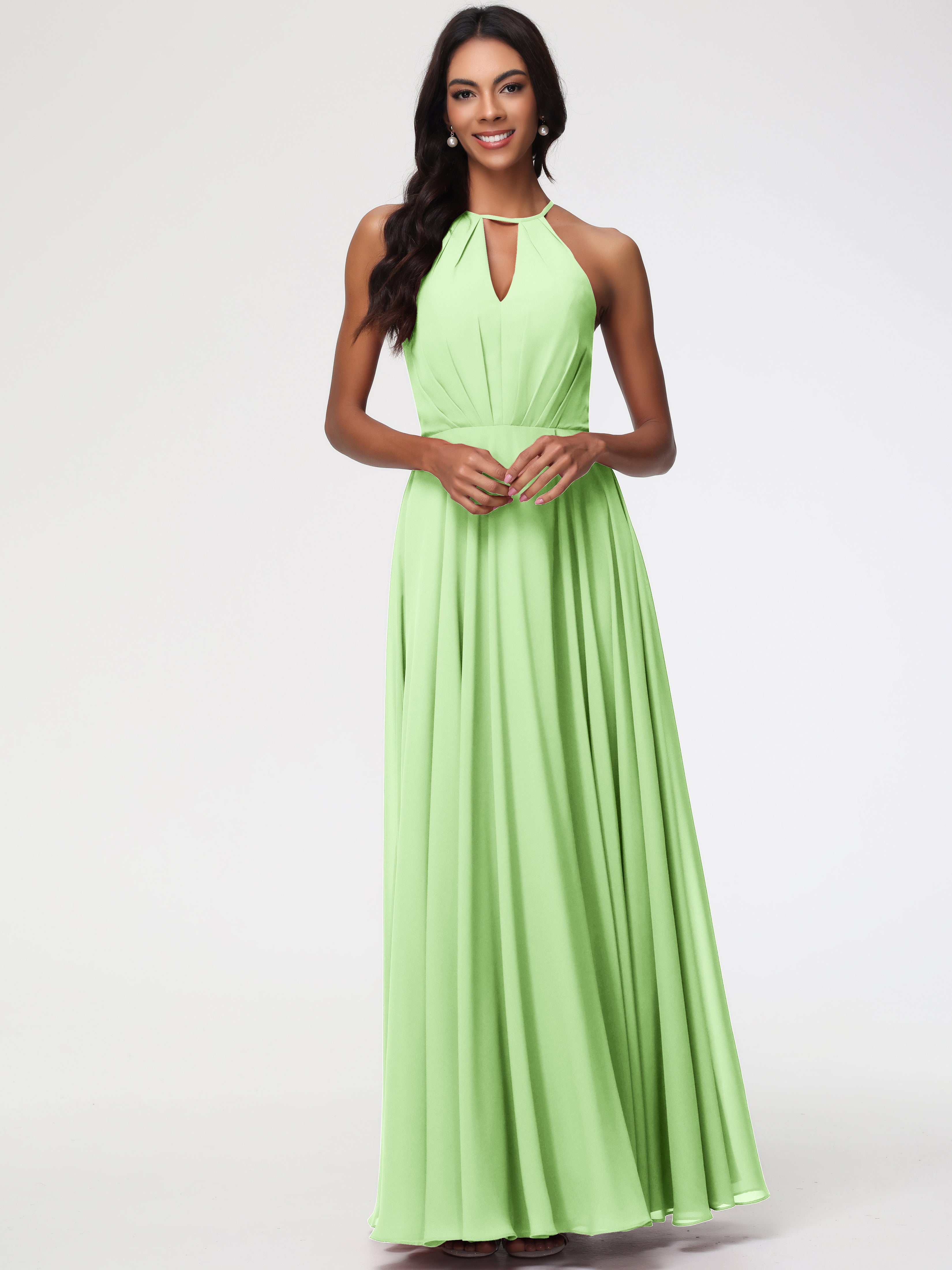 Robe Vert Sauge Demoiselle D Honneur Licou Fendue Mousseline Robe Demoiselle D'Honneur Longue Plissée