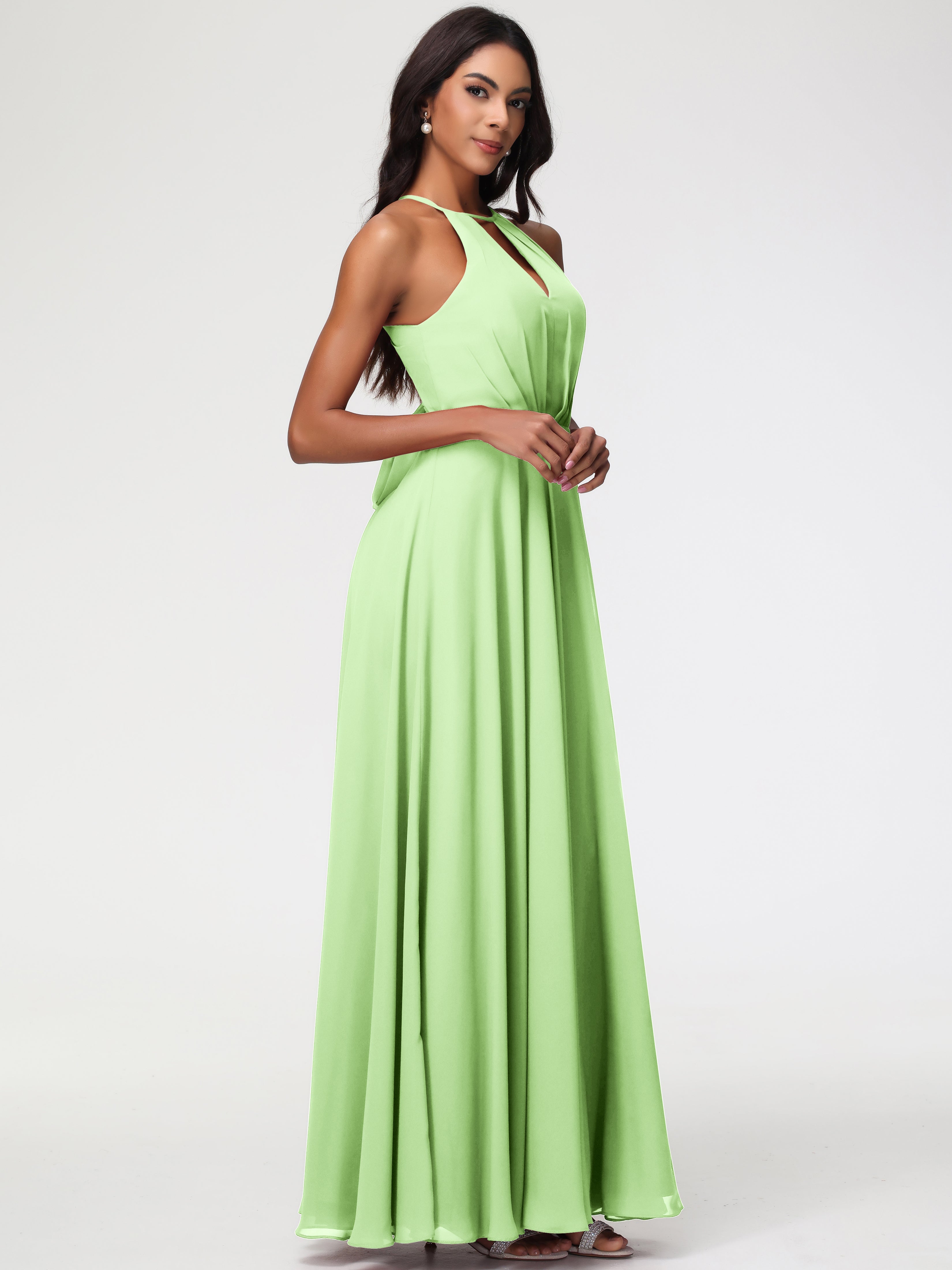 Robe Vert Sauge Demoiselle D Honneur Licou Fendue Mousseline Robe Demoiselle D'Honneur Longue Plissée