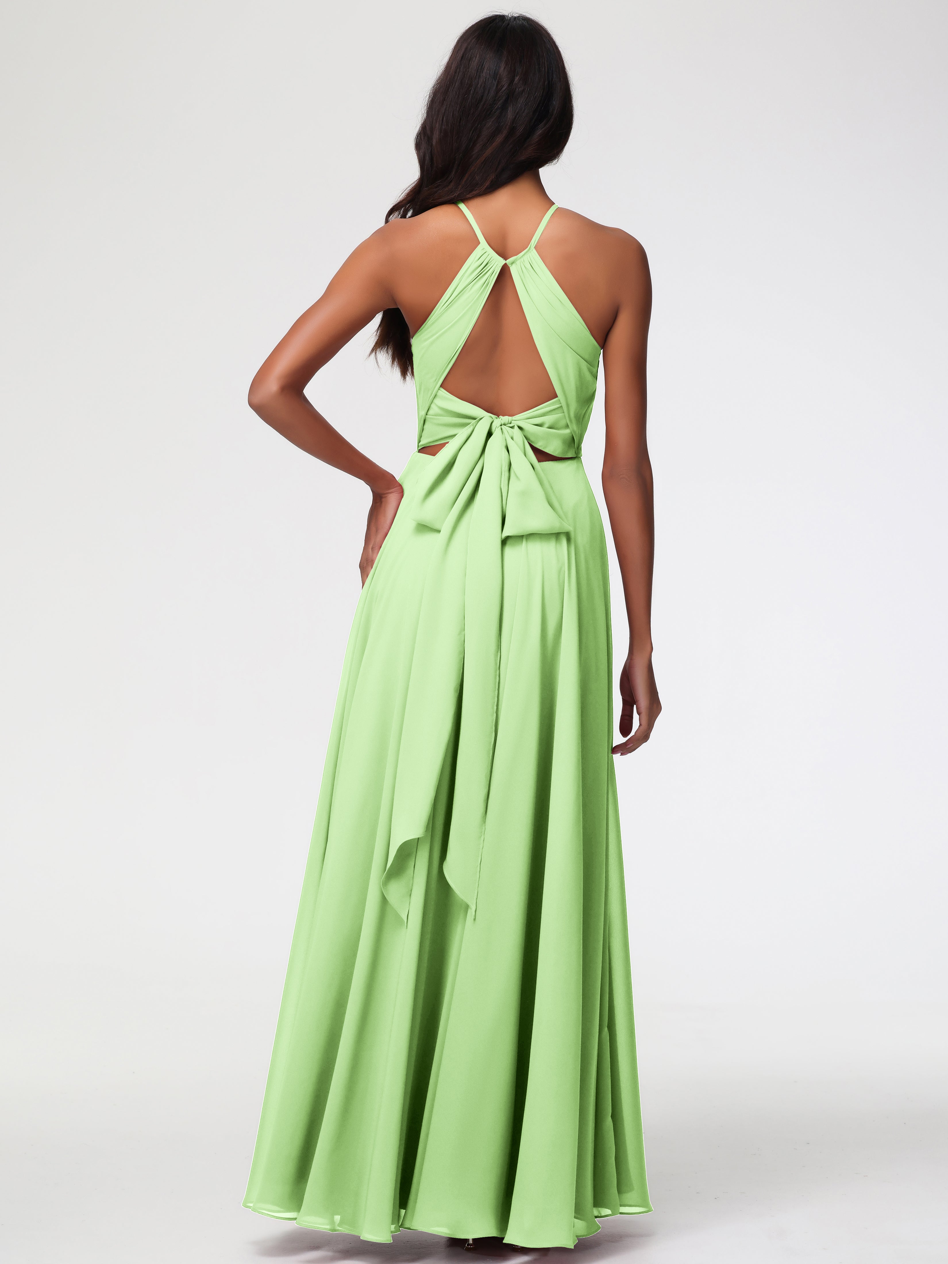 Robe Vert Sauge Demoiselle D Honneur Licou Fendue Mousseline Robe Demoiselle D'Honneur Longue Plissée