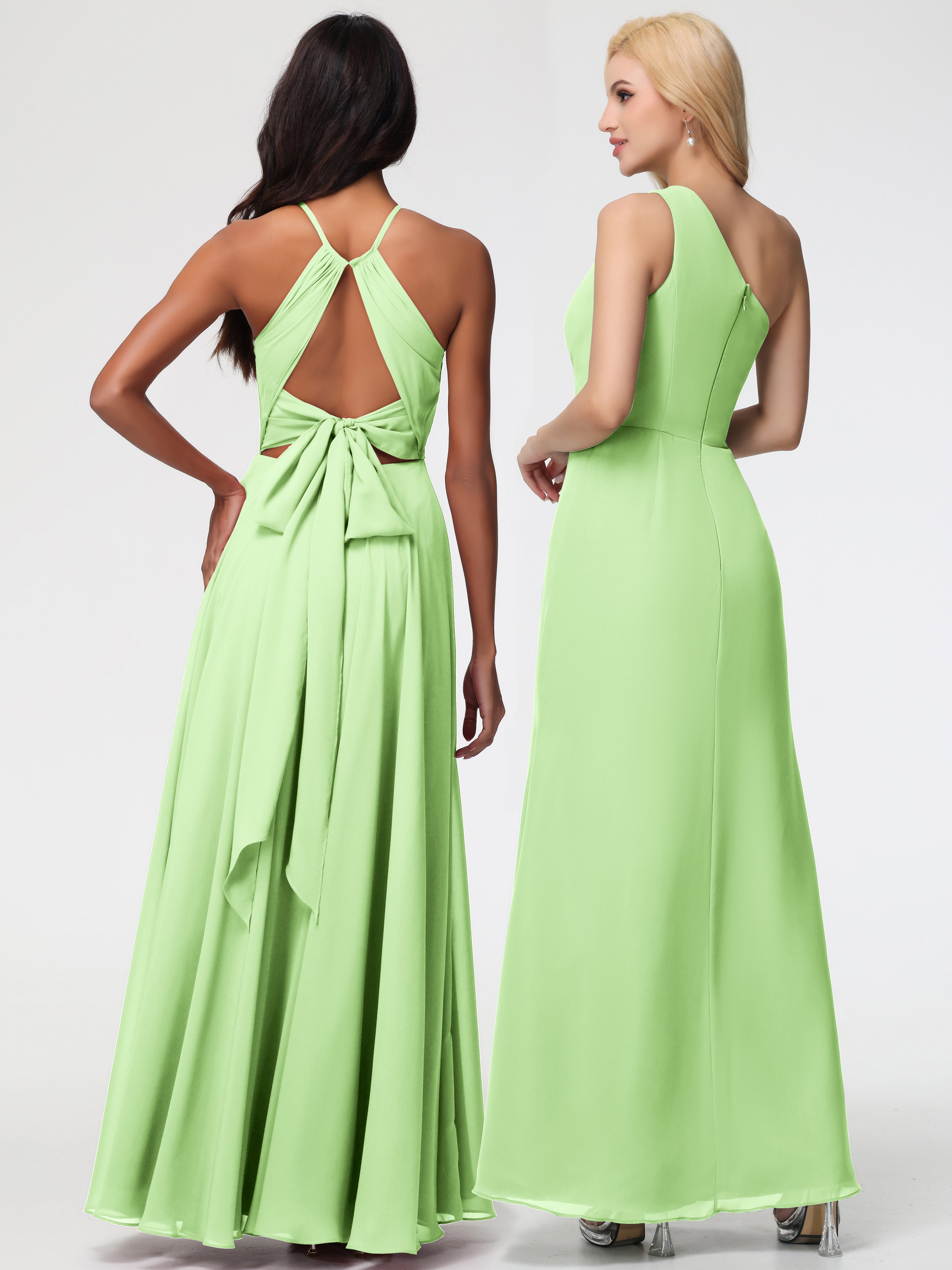 Robe Vert Sauge Demoiselle D Honneur Licou Fendue Mousseline Robe Demoiselle D'Honneur Longue Plissée