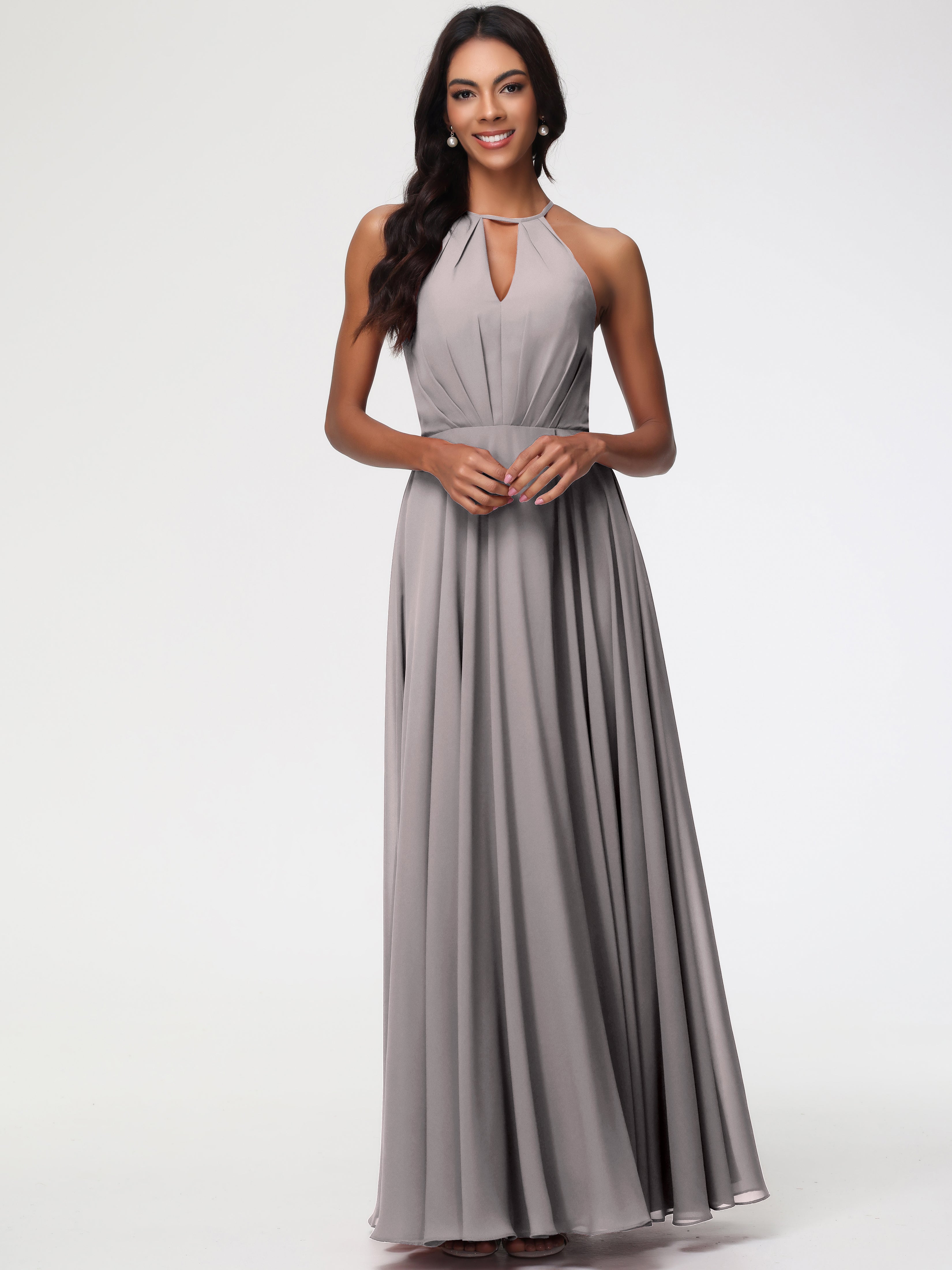 Robe Demoiselle D Honneur Argenté Licou Fendue Mousseline Robe Demoiselle D'Honneur Longue Plissée