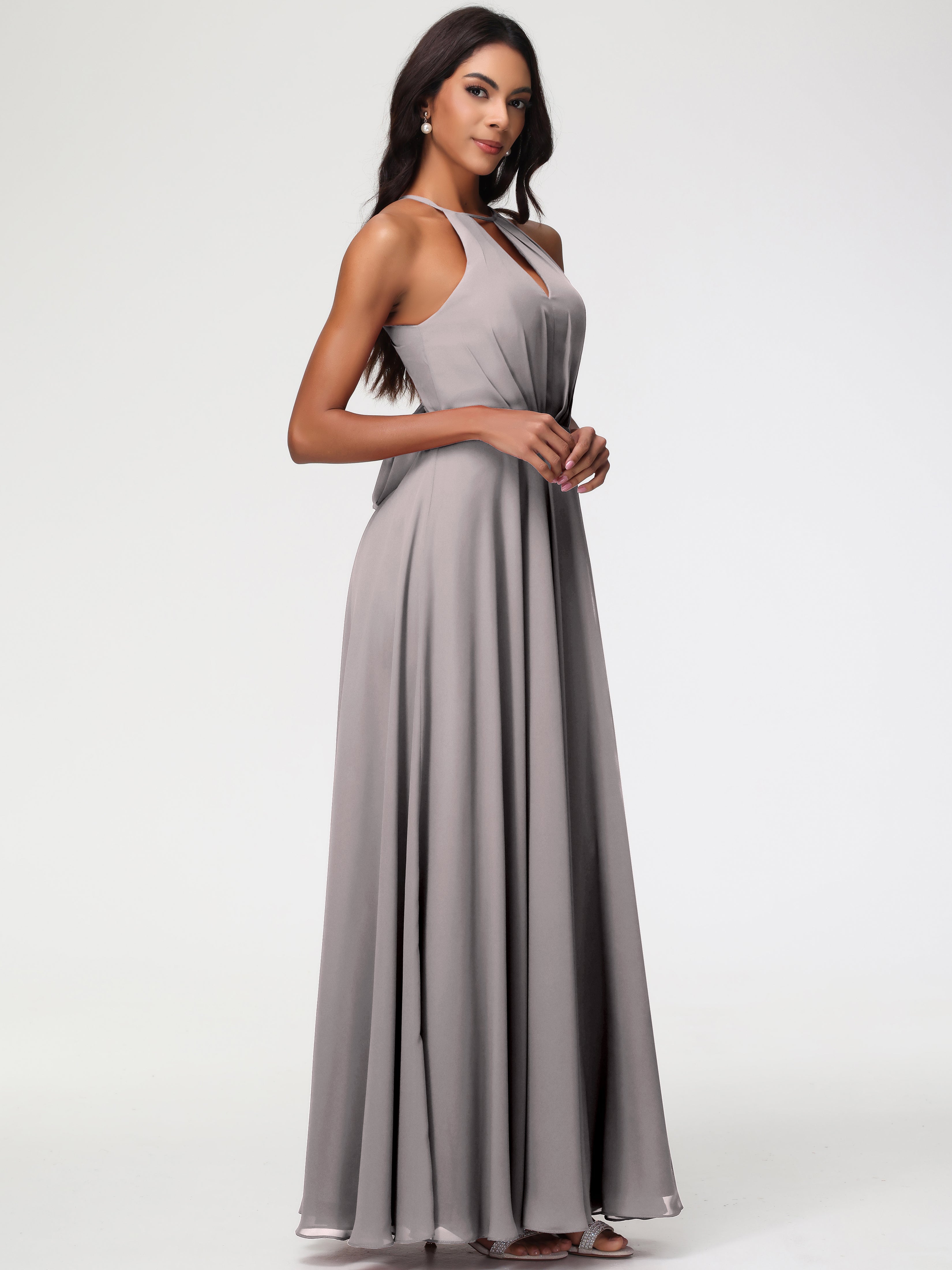 Robe Demoiselle D Honneur Argenté Licou Fendue Mousseline Robe Demoiselle D'Honneur Longue Plissée