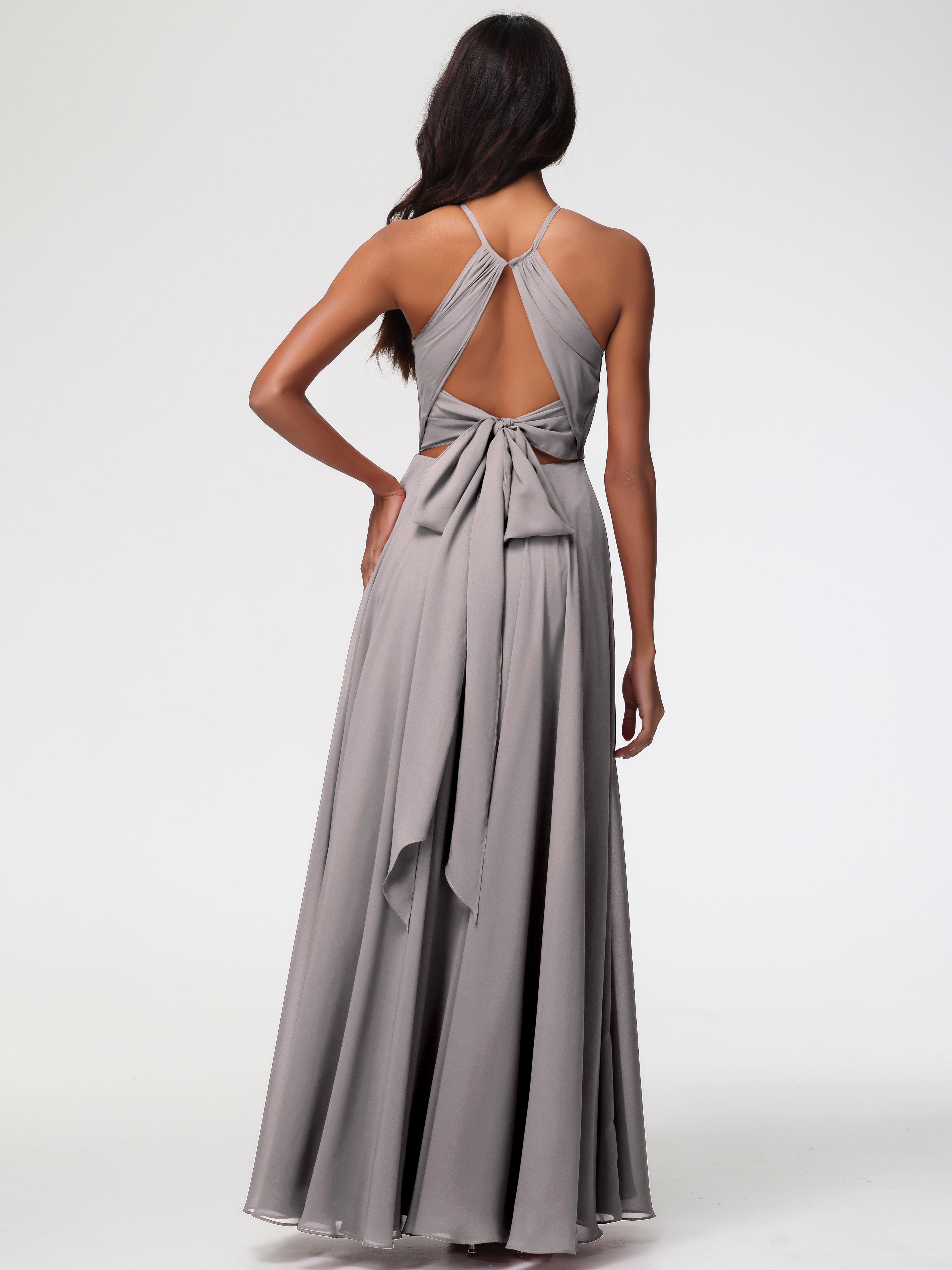 Robe Demoiselle D Honneur Argenté Licou Fendue Mousseline Robe Demoiselle D'Honneur Longue Plissée