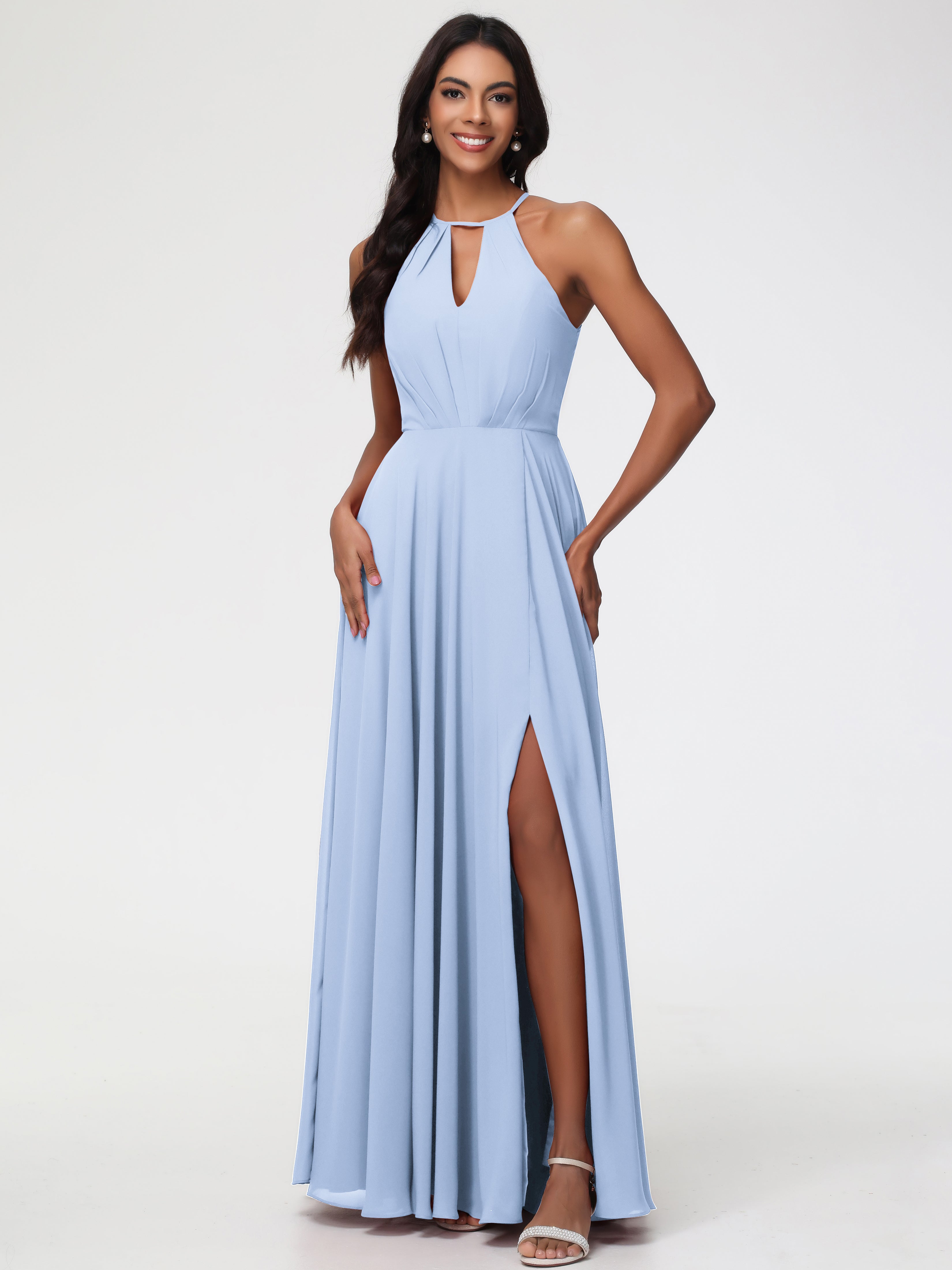 Robe Demoiselle D Honneur Bleu Ciel Licou Fendue Mousseline Robe Demoiselle D'Honneur Longue Plissée