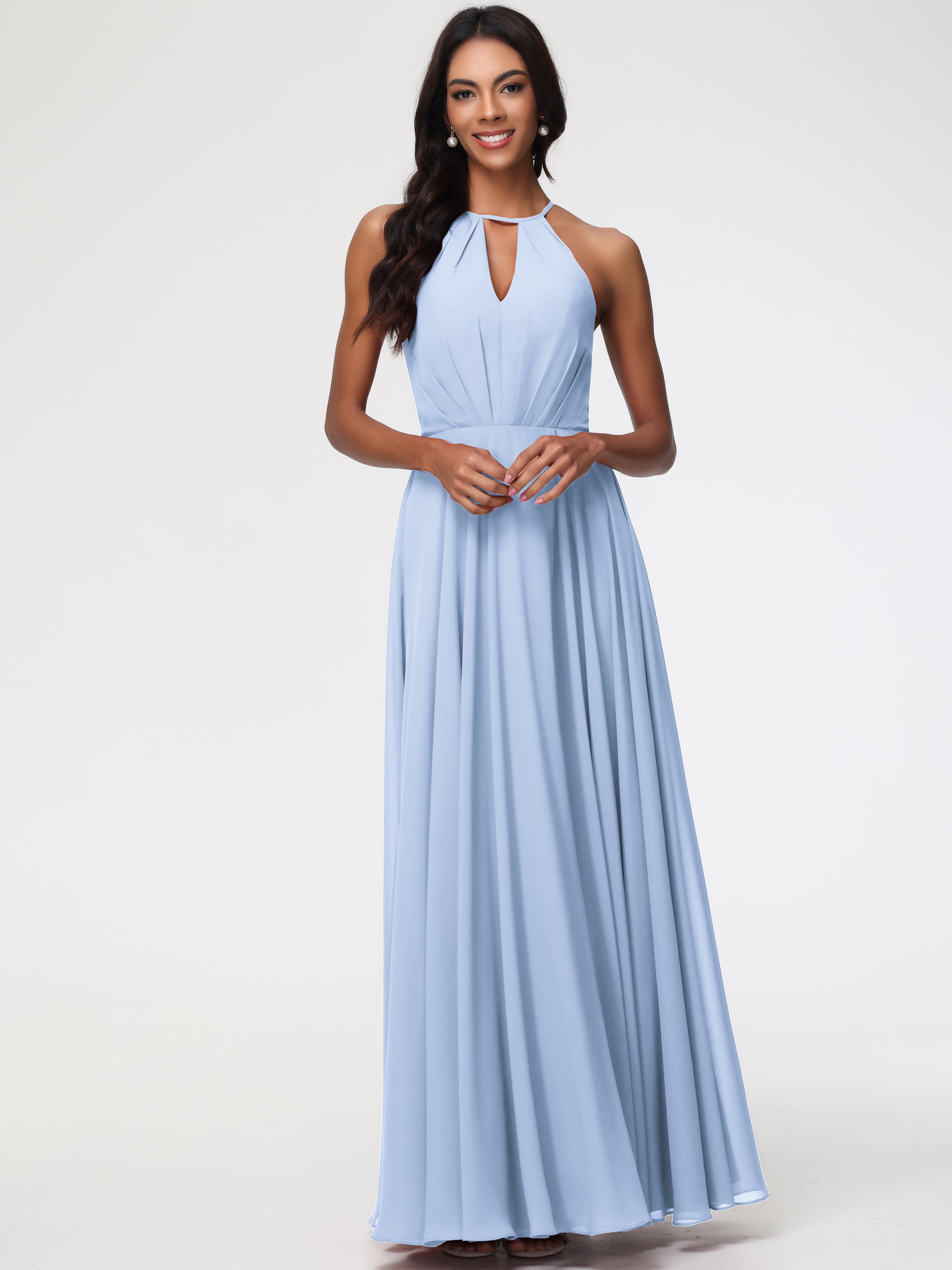 Robe Demoiselle D Honneur Bleu Ciel Licou Fendue Mousseline Robe Demoiselle D'Honneur Longue Plissée