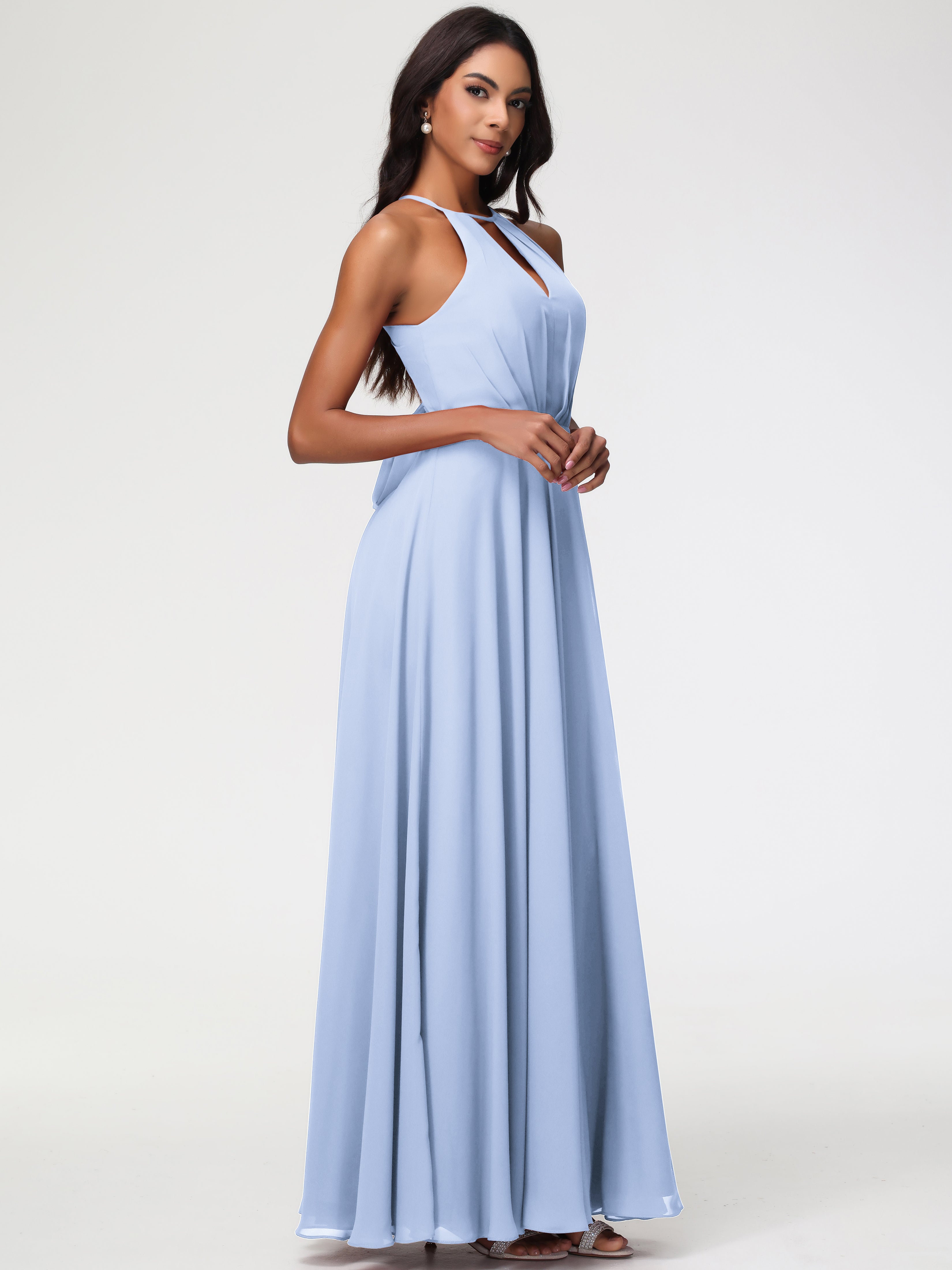 Robe Demoiselle D Honneur Bleu Ciel Licou Fendue Mousseline Robe Demoiselle D'Honneur Longue Plissée