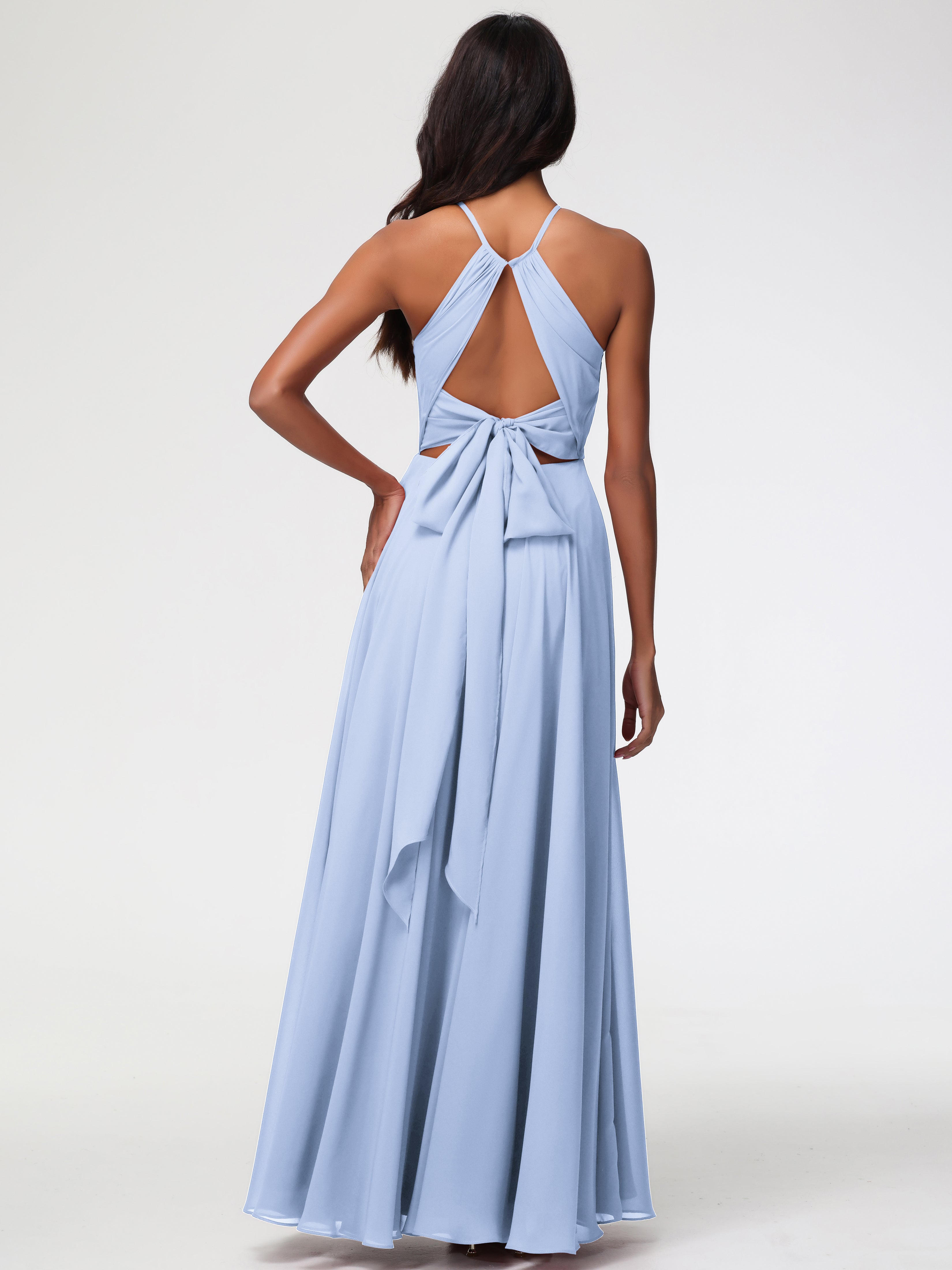 Robe Demoiselle D Honneur Bleu Ciel Licou Fendue Mousseline Robe Demoiselle D'Honneur Longue Plissée
