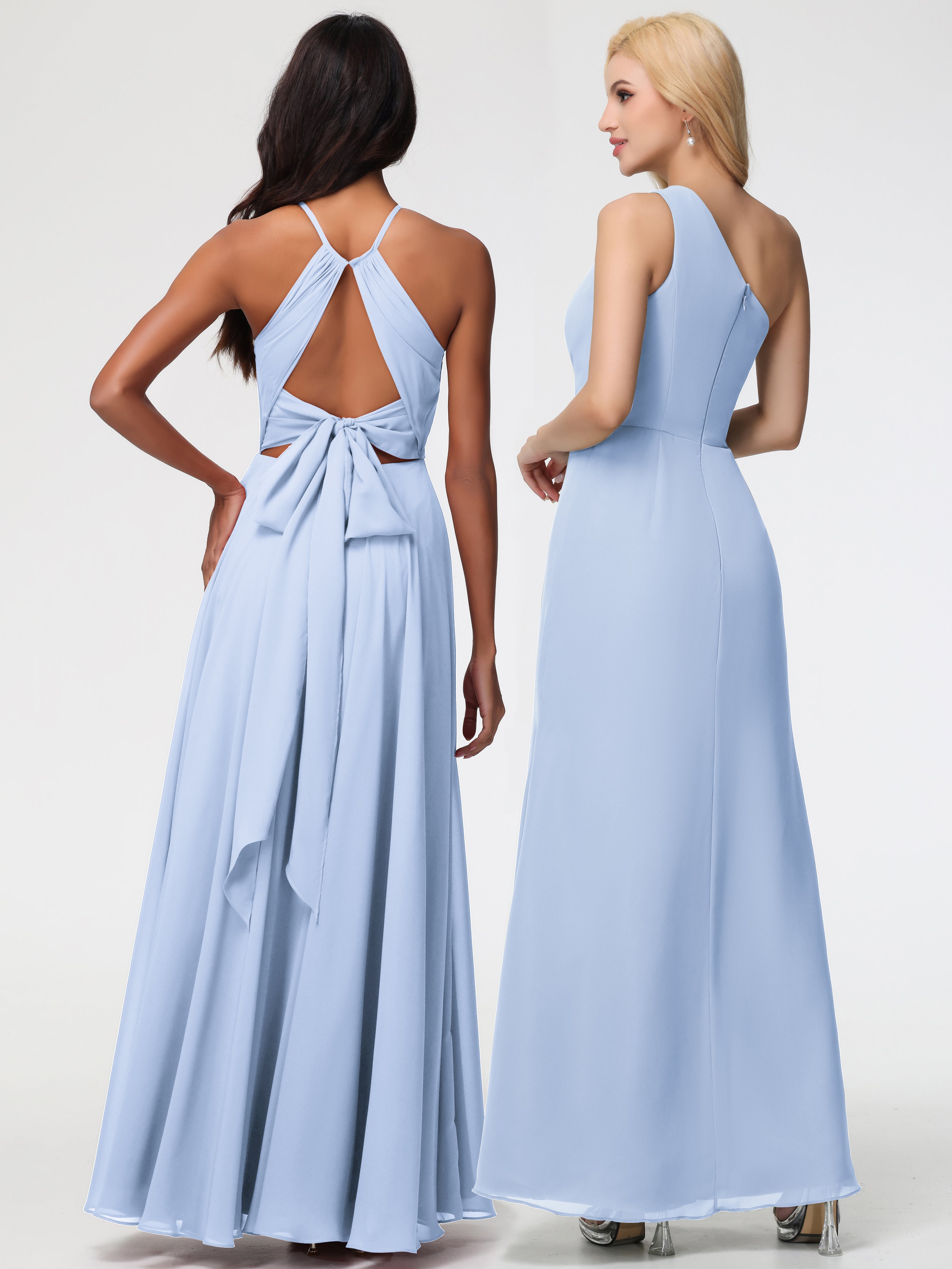 Robe Demoiselle D Honneur Bleu Ciel Licou Fendue Mousseline Robe Demoiselle D'Honneur Longue Plissée