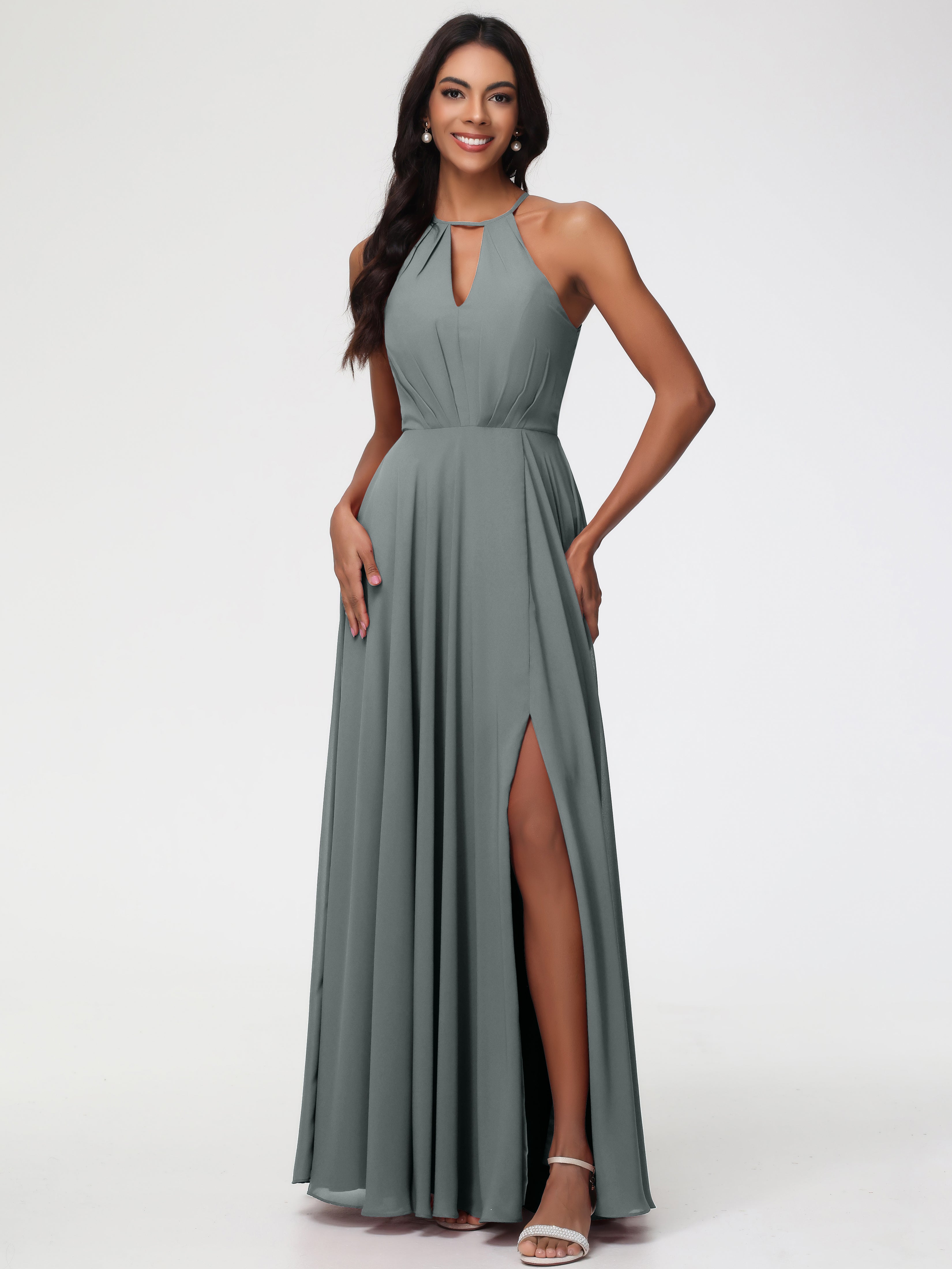 Robe Demoiselle D Honneur Grise Licou Fendue Mousseline Robe Demoiselle D'Honneur Longue Plissée