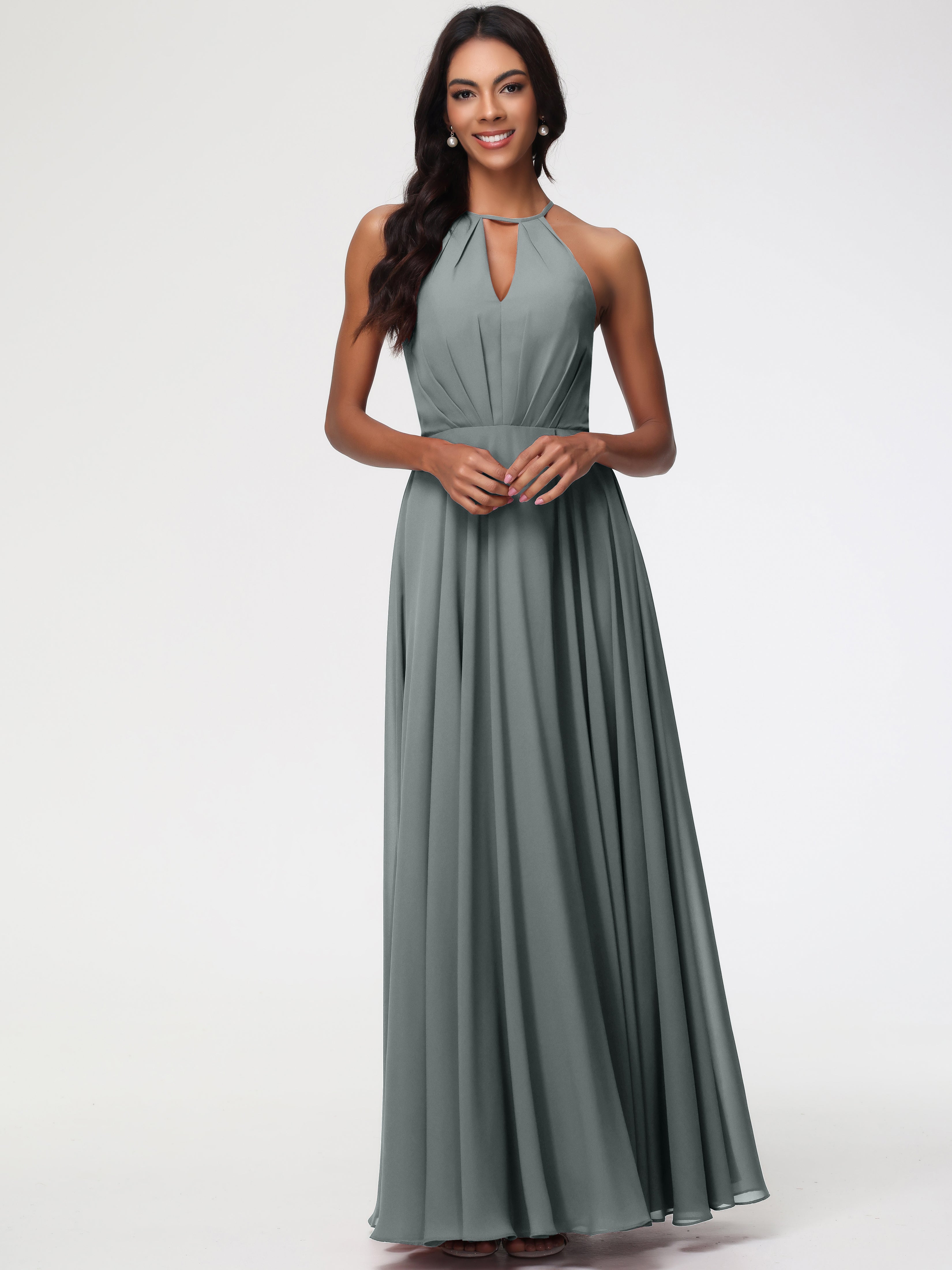 Robe Demoiselle D Honneur Grise Licou Fendue Mousseline Robe Demoiselle D'Honneur Longue Plissée