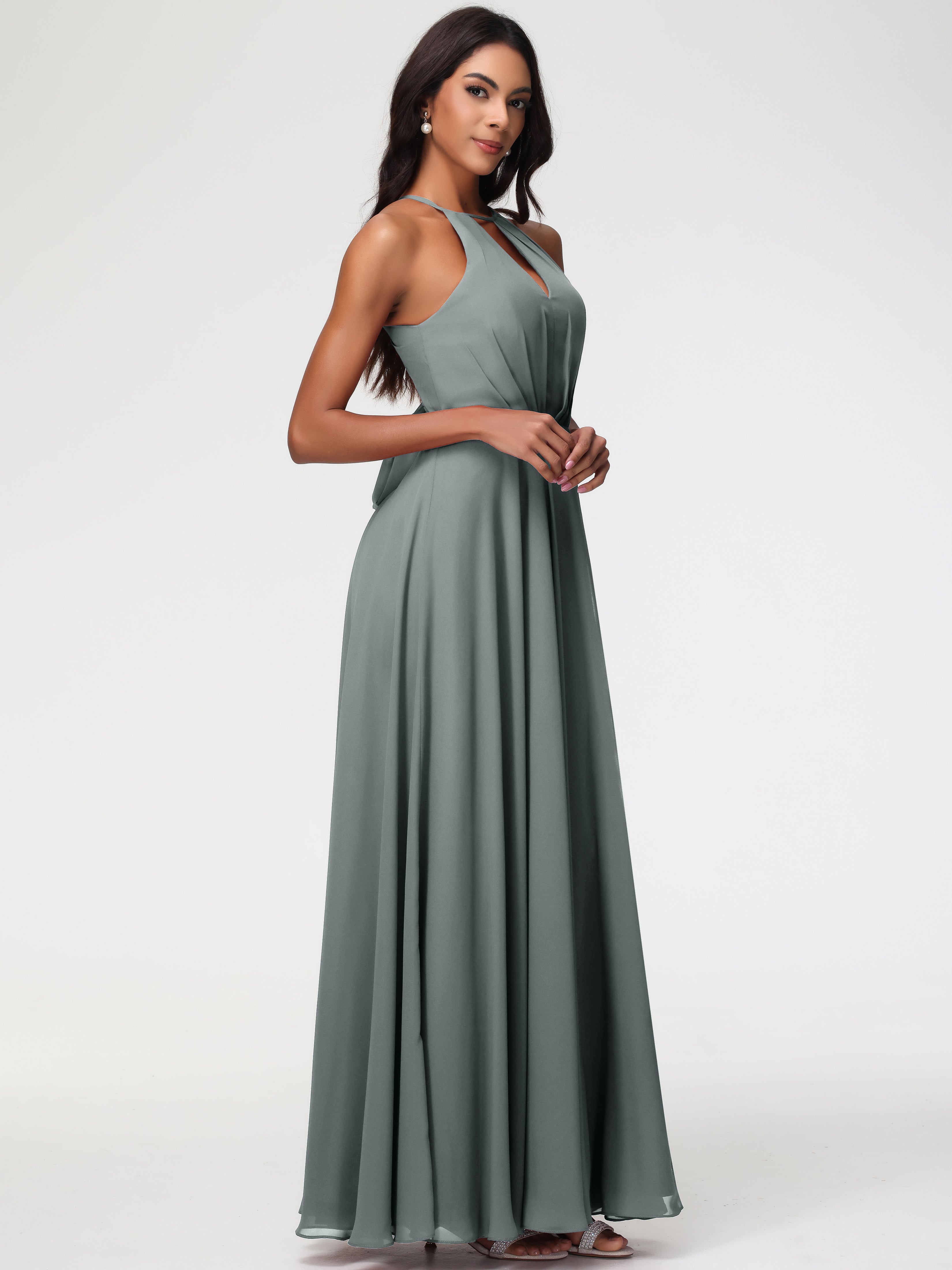 Robe Demoiselle D Honneur Grise Licou Fendue Mousseline Robe Demoiselle D'Honneur Longue Plissée