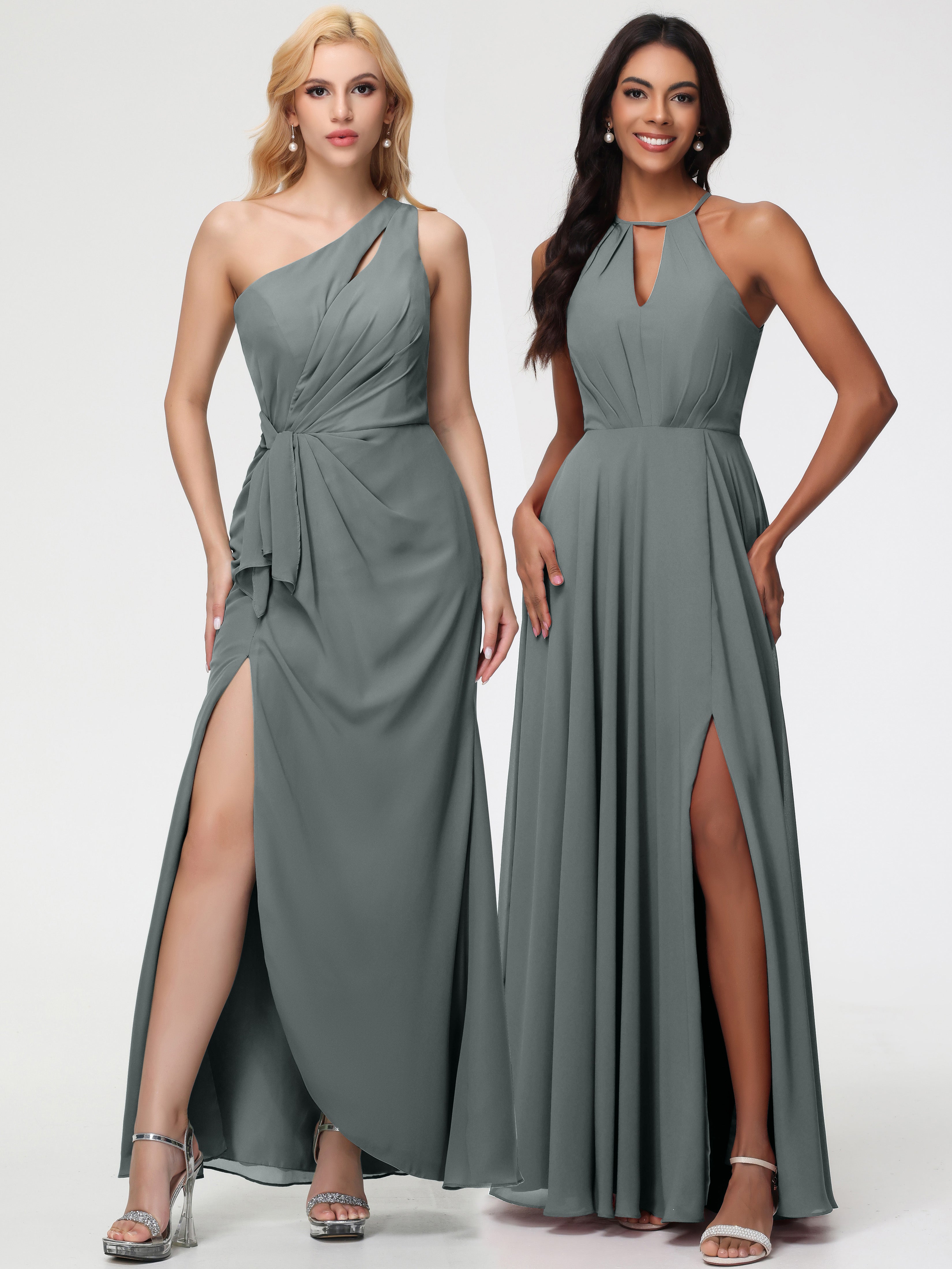 Robe Demoiselle D Honneur Grise Licou Fendue Mousseline Robe Demoiselle D'Honneur Longue Plissée