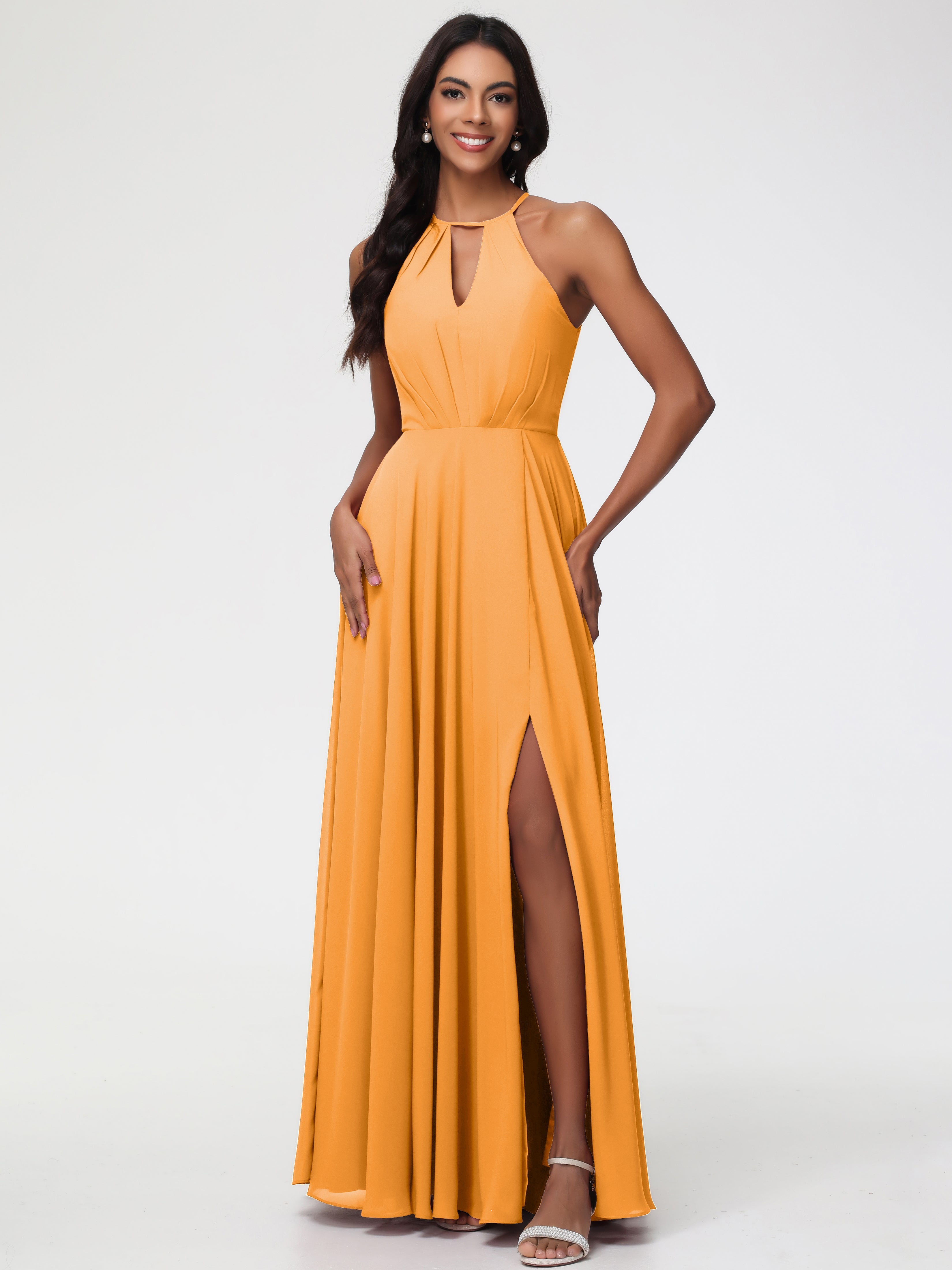 Robes De Demoiselle D'Honneur Mandarine Licou Fendue Mousseline Robe Demoiselle D'Honneur Longue Plissée