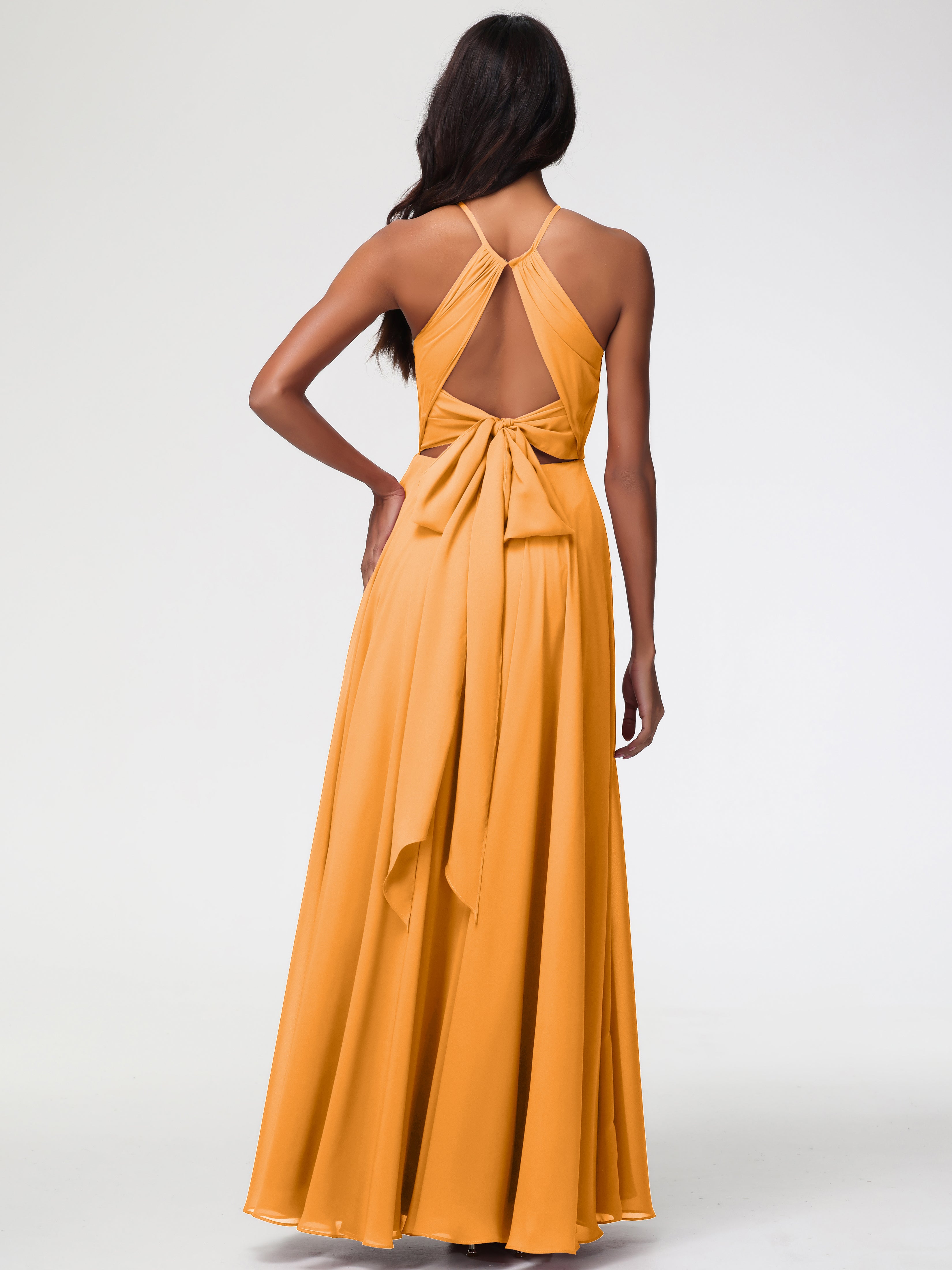Robes De Demoiselle D'Honneur Mandarine Licou Fendue Mousseline Robe Demoiselle D'Honneur Longue Plissée