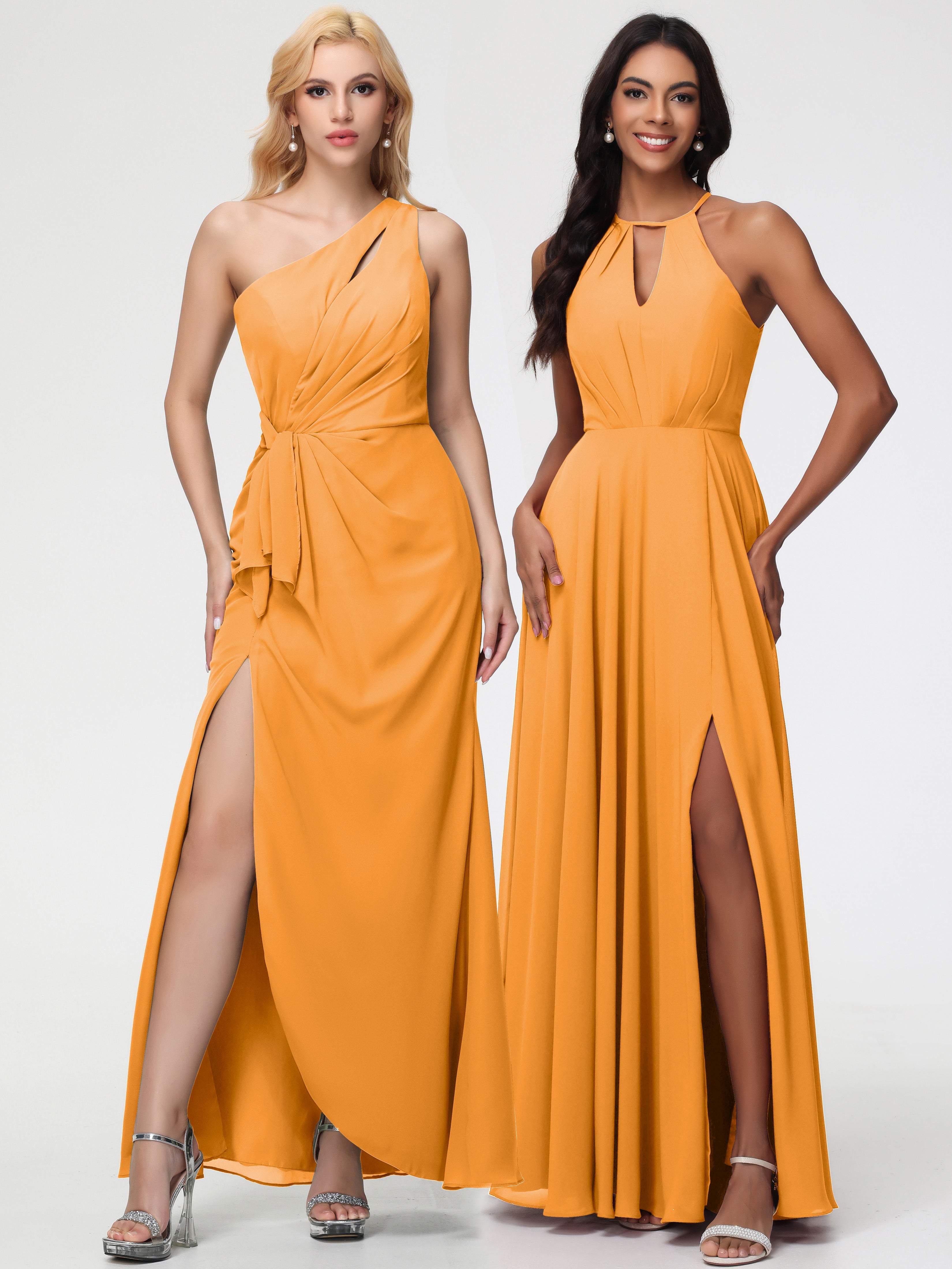 Robes De Demoiselle D'Honneur Mandarine Licou Fendue Mousseline Robe Demoiselle D'Honneur Longue Plissée