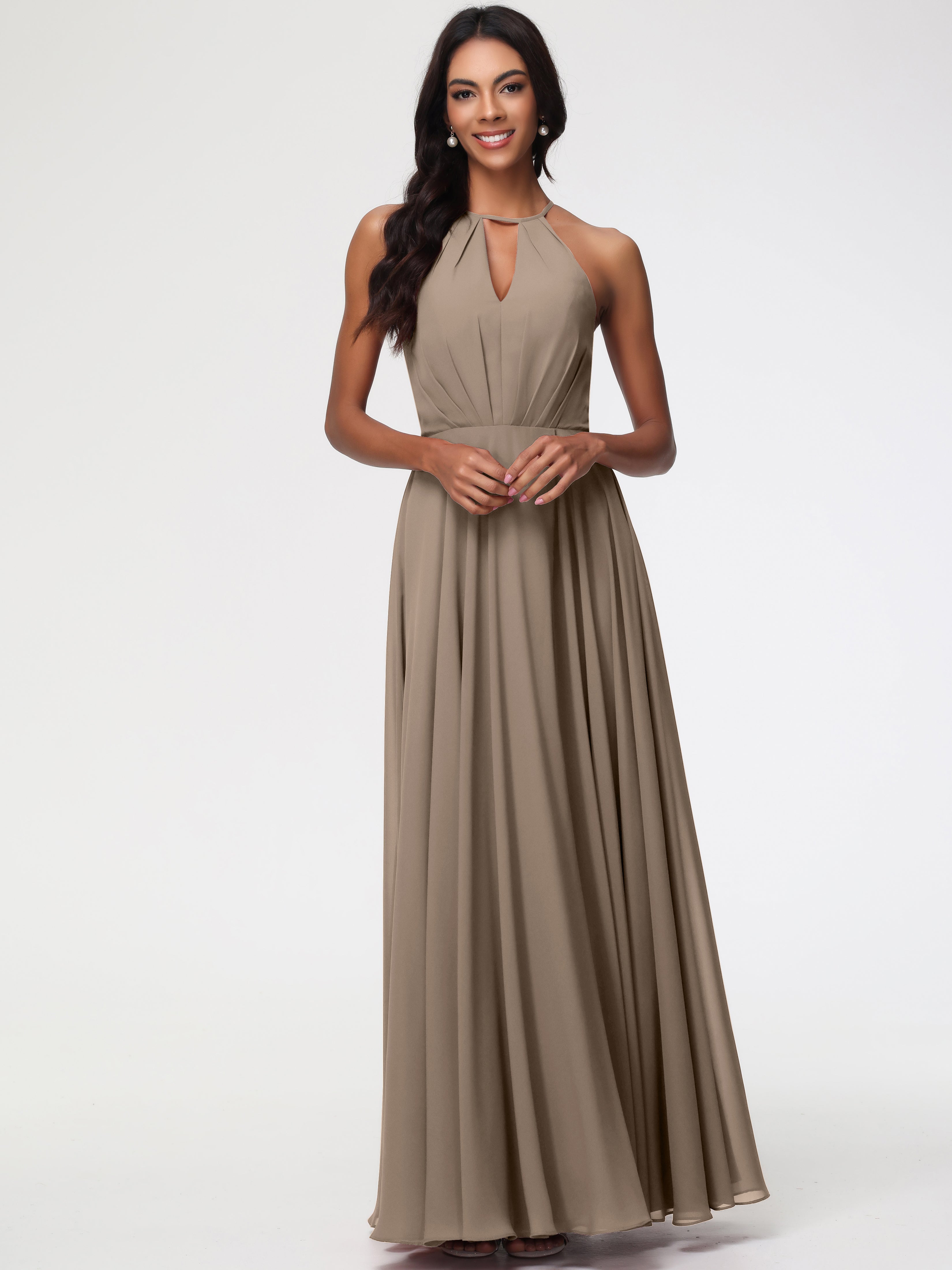 Robe Demoiselle D Honneur Taupe Licou Fendue Mousseline Robe Demoiselle D'Honneur Longue Plissée