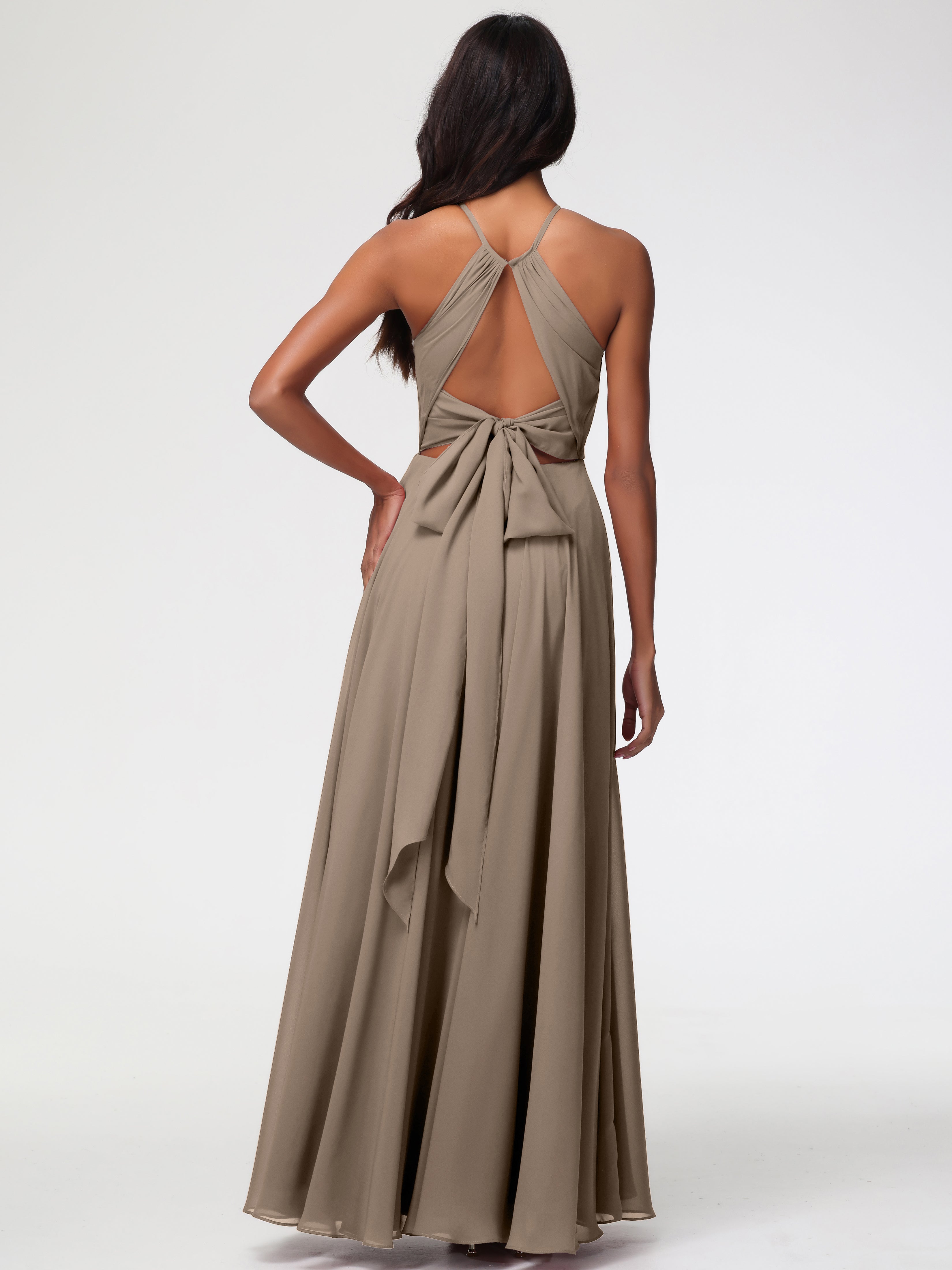 Robe Demoiselle D Honneur Taupe Licou Fendue Mousseline Robe Demoiselle D'Honneur Longue Plissée