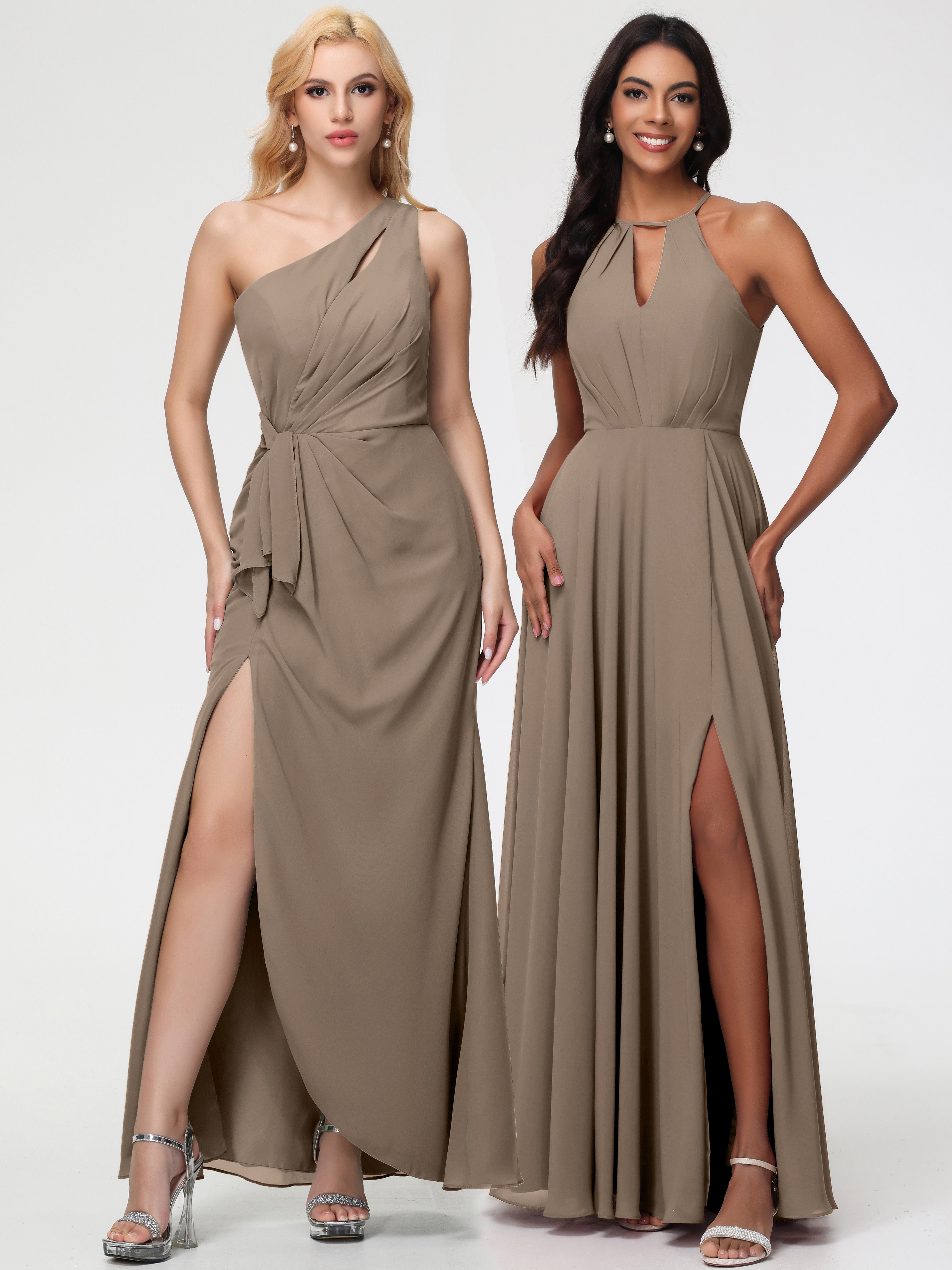 Robe Demoiselle D Honneur Taupe Licou Fendue Mousseline Robe Demoiselle D'Honneur Longue Plissée