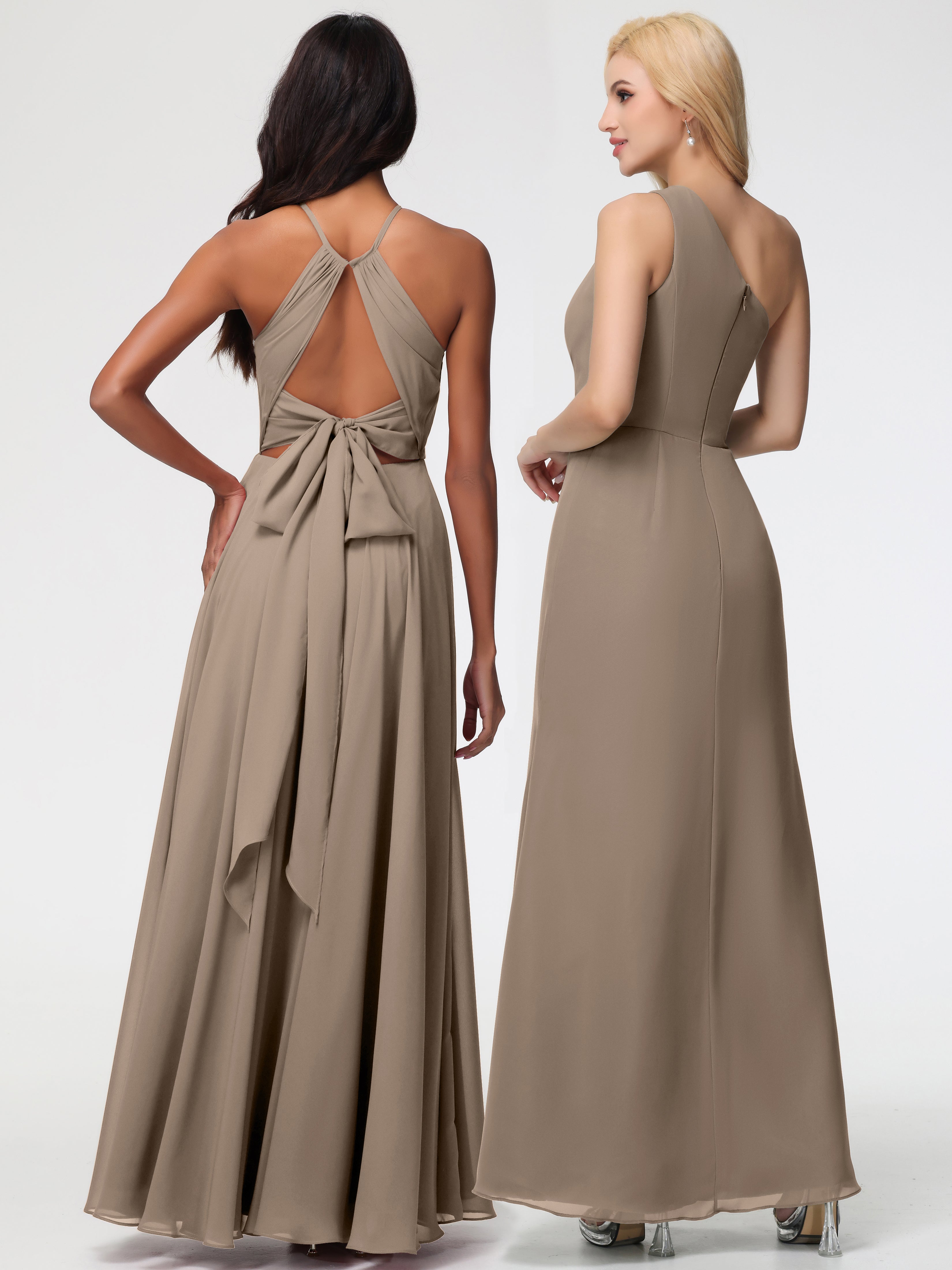 Robe Demoiselle D Honneur Taupe Licou Fendue Mousseline Robe Demoiselle D'Honneur Longue Plissée