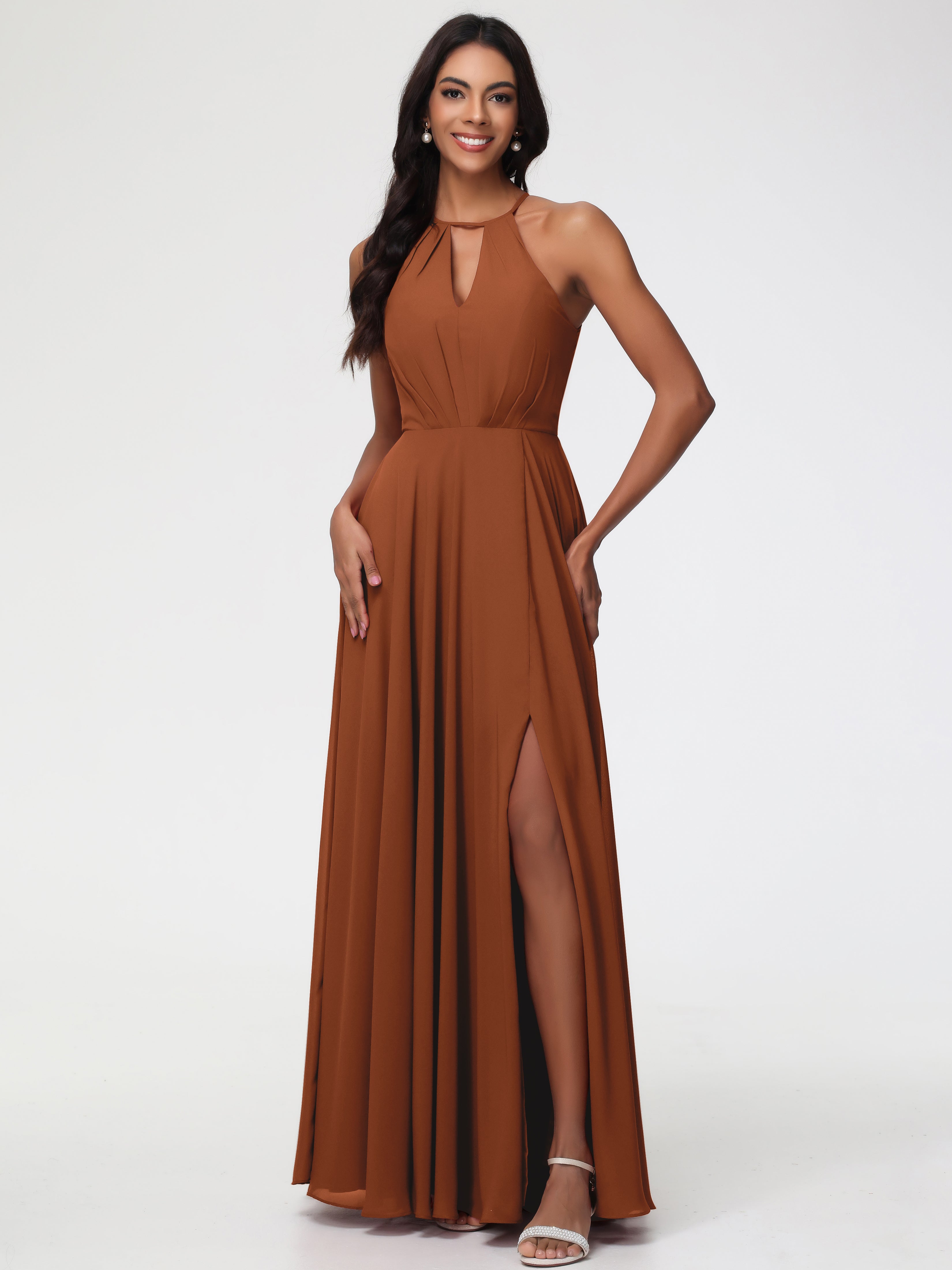 Robe Demoiselle D Honneur Terre Cuite Licou Fendue Mousseline Robe Demoiselle D'Honneur Longue Plissée