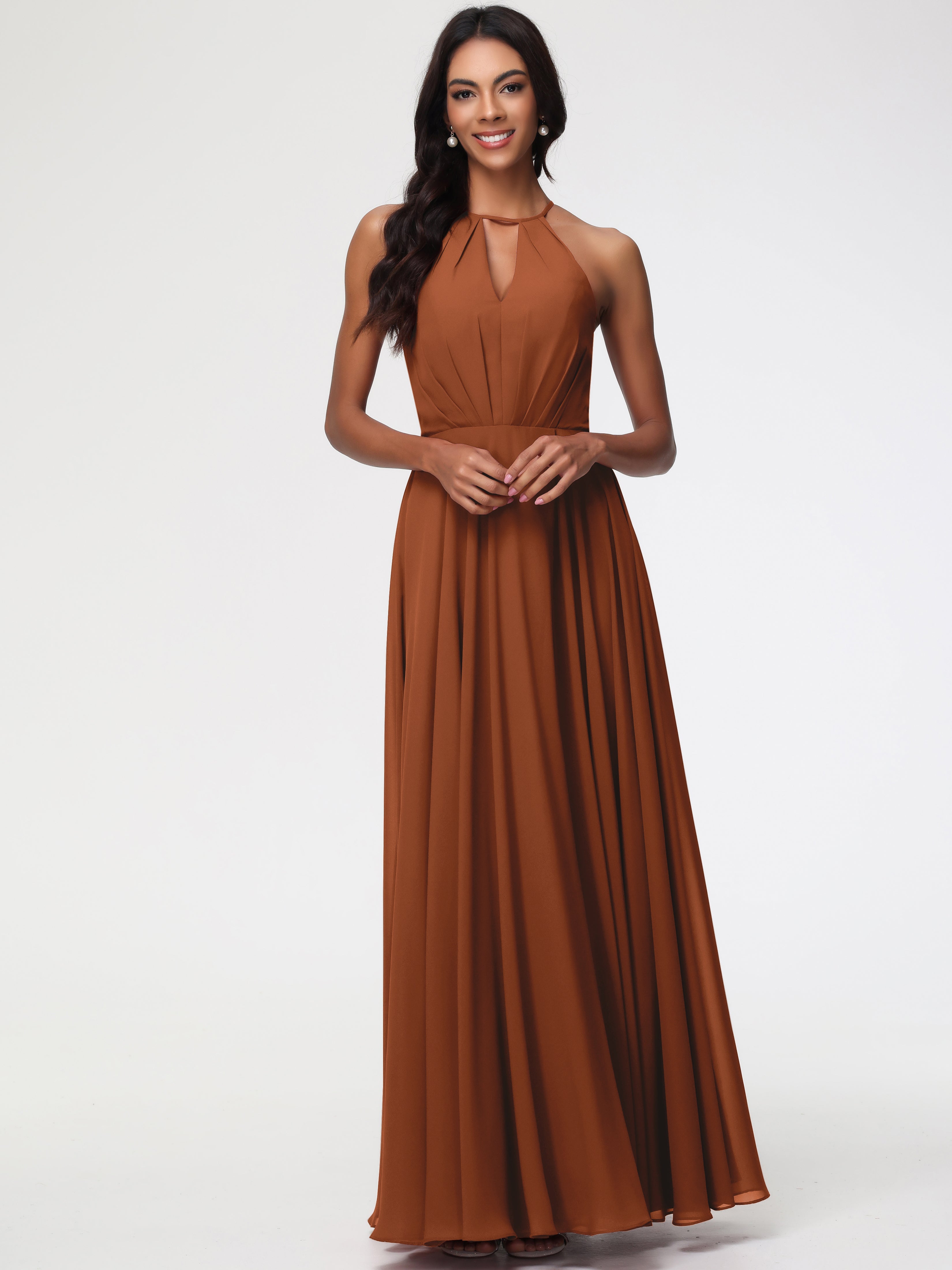 Robe Demoiselle D Honneur Terre Cuite Licou Fendue Mousseline Robe Demoiselle D'Honneur Longue Plissée