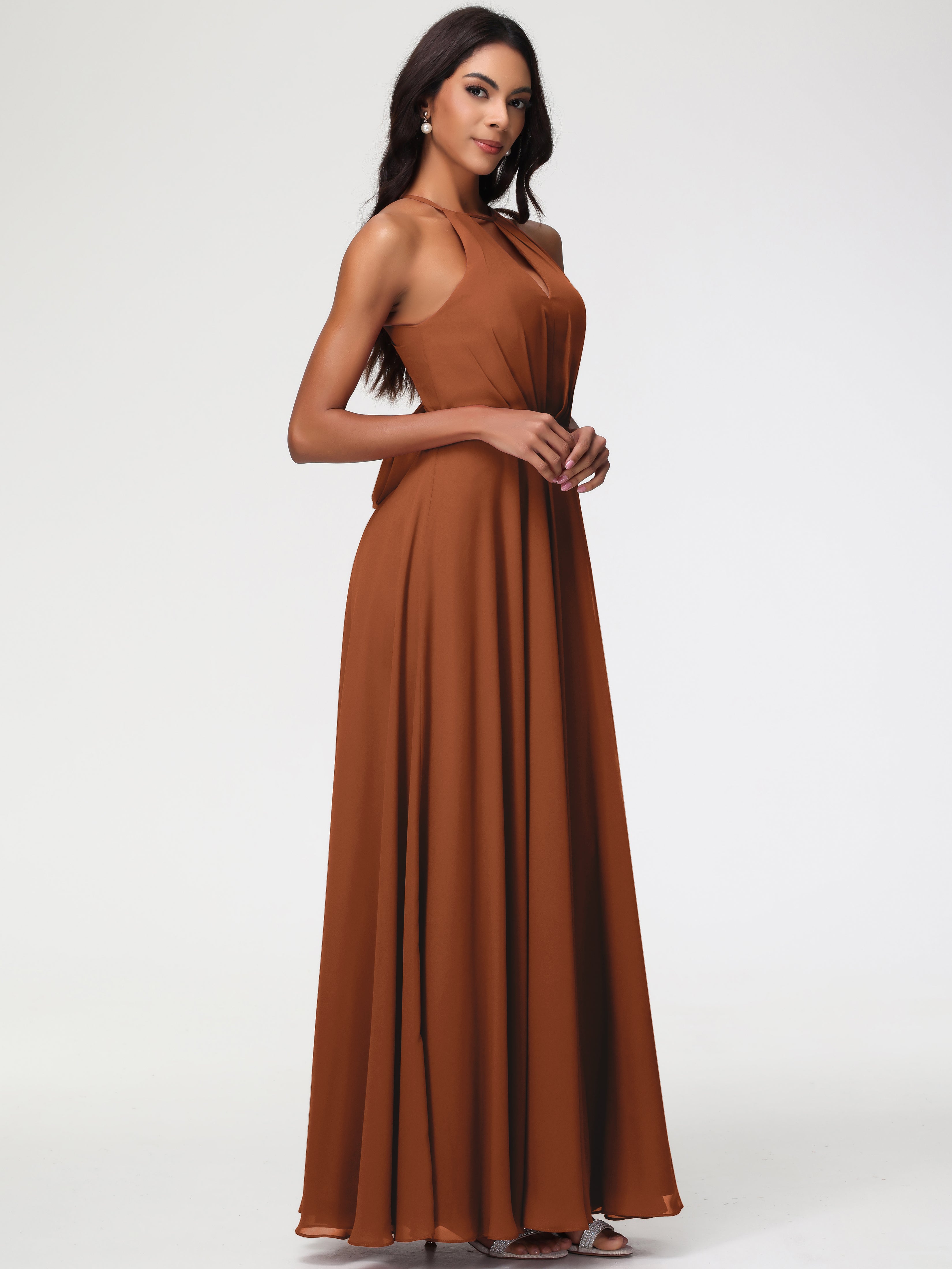 Robe Demoiselle D Honneur Terre Cuite Licou Fendue Mousseline Robe Demoiselle D'Honneur Longue Plissée