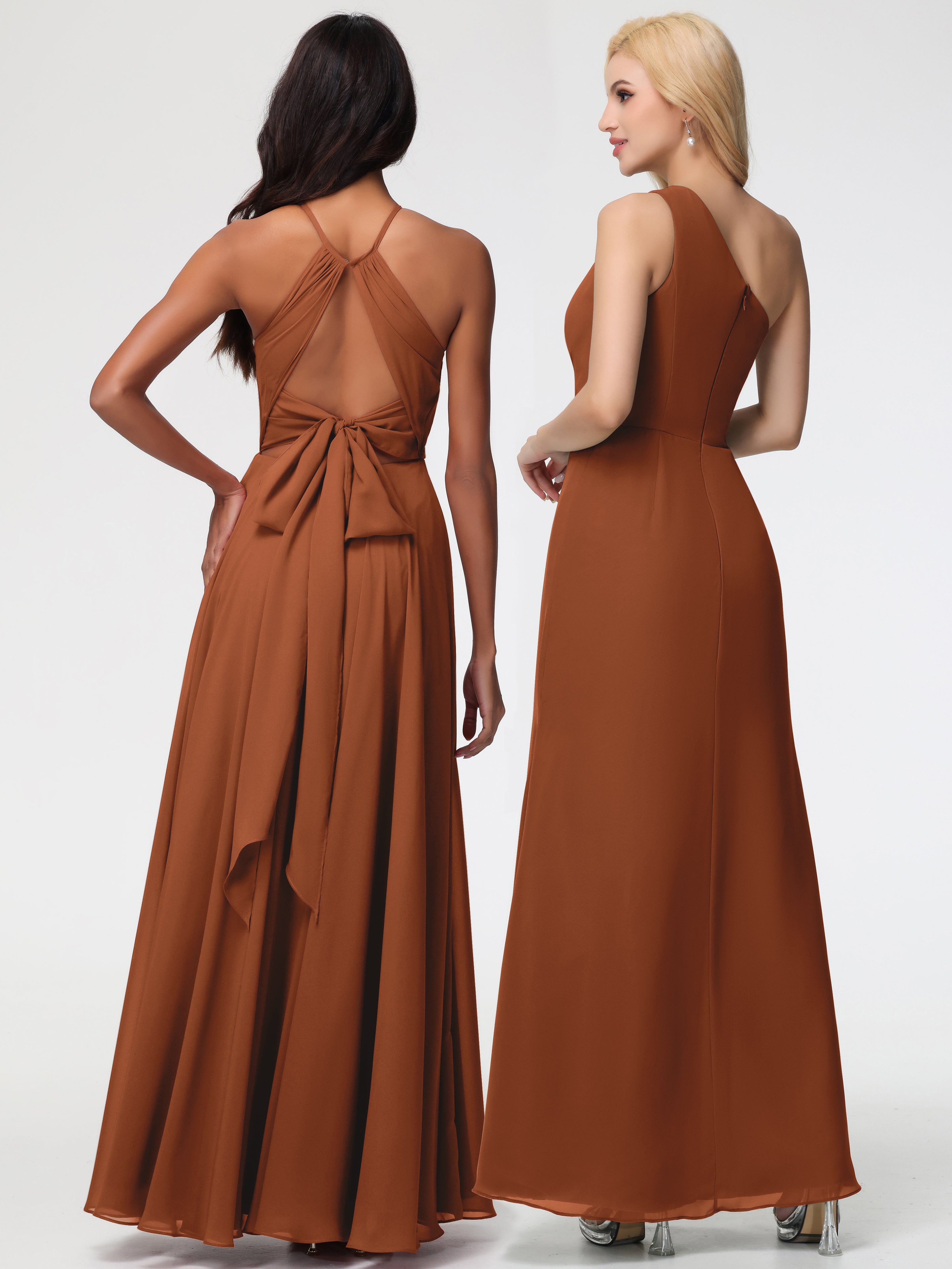 Robe Demoiselle D Honneur Terre Cuite Licou Fendue Mousseline Robe Demoiselle D'Honneur Longue Plissée