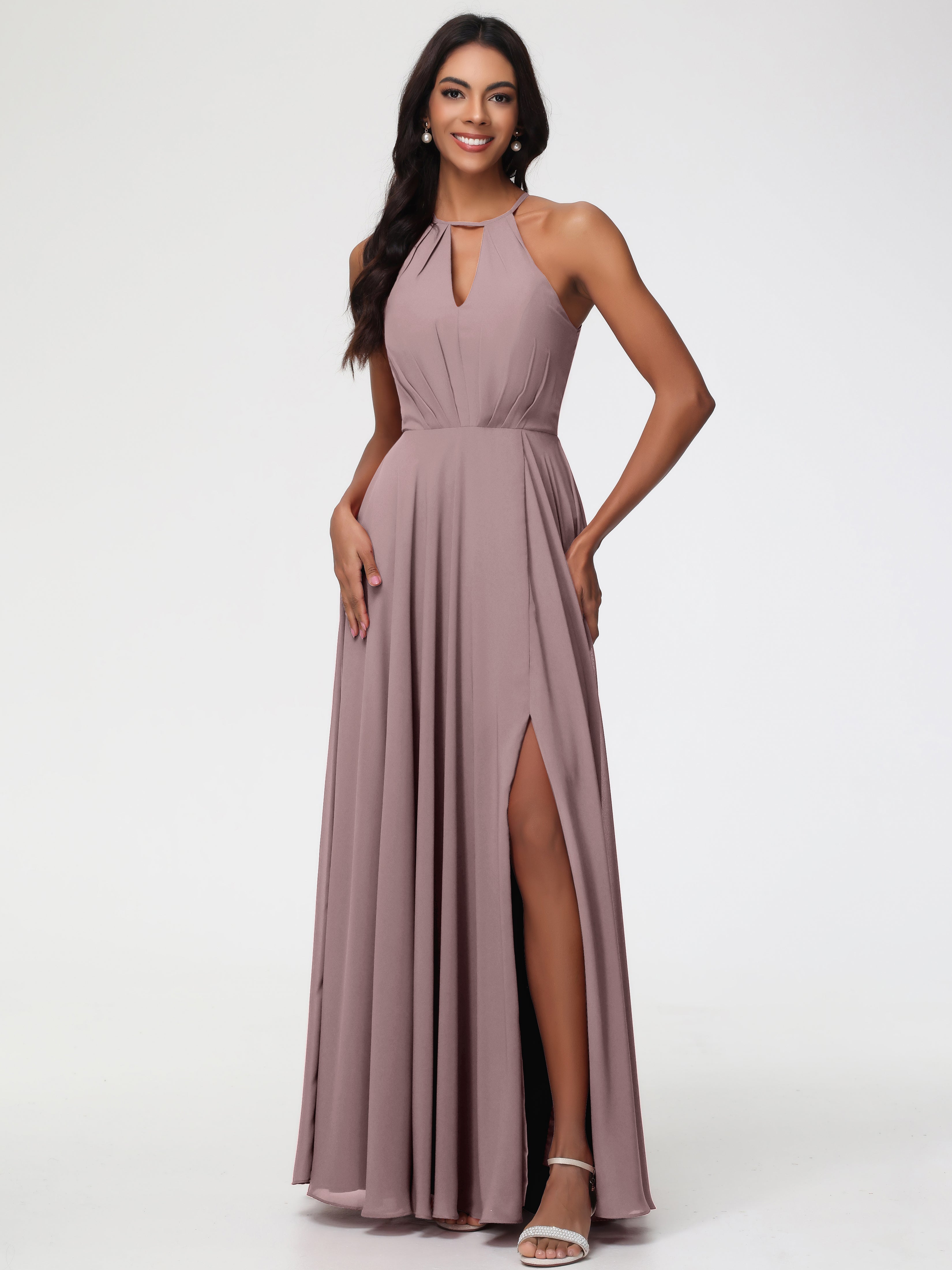 Robes De Demoiselle D'Honneur Vintage Mauve Licou Fendue Mousseline Robe Demoiselle D'Honneur Longue Plissée