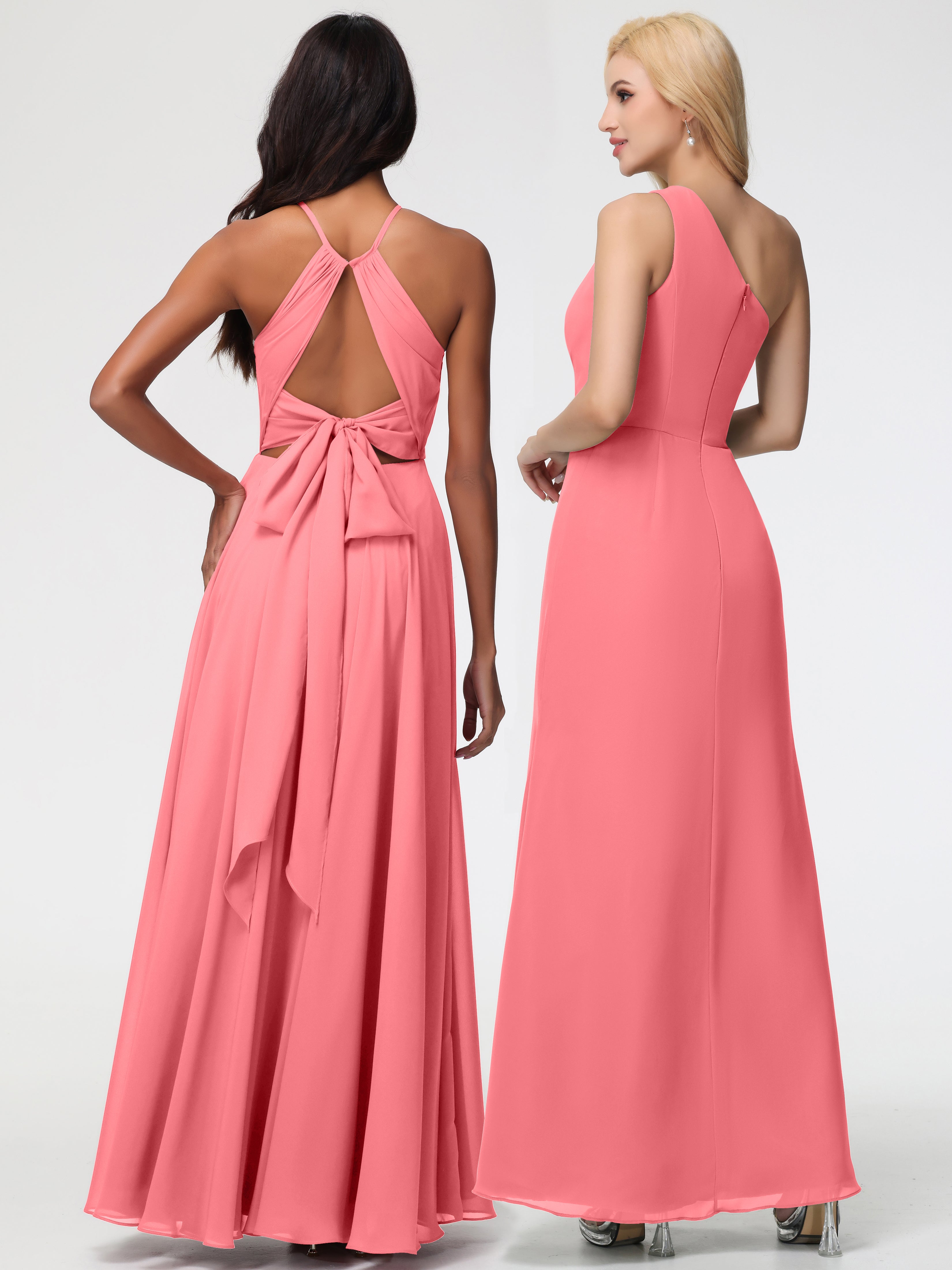 Robes De Demoiselle D'Honneur Pastèque Licou Fendue Mousseline Robe Demoiselle D'Honneur Longue Plissée