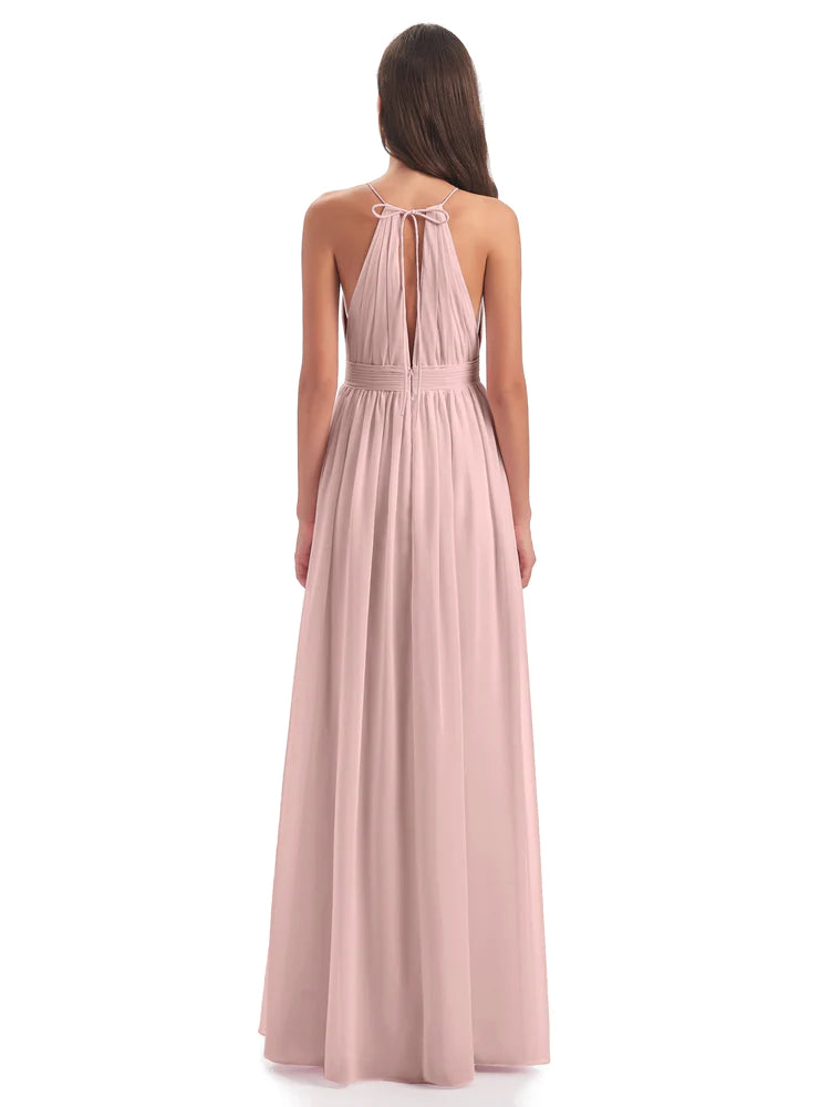 Apolline Fendue devant Licou Mousseline Robes Demoiselle d'Honneur en ROSE POUDRE