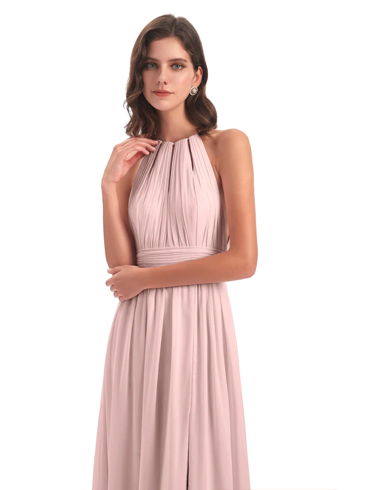 Apolline Fendue devant Licou Mousseline Robes Demoiselle d'Honneur en ROSE POUDRE
