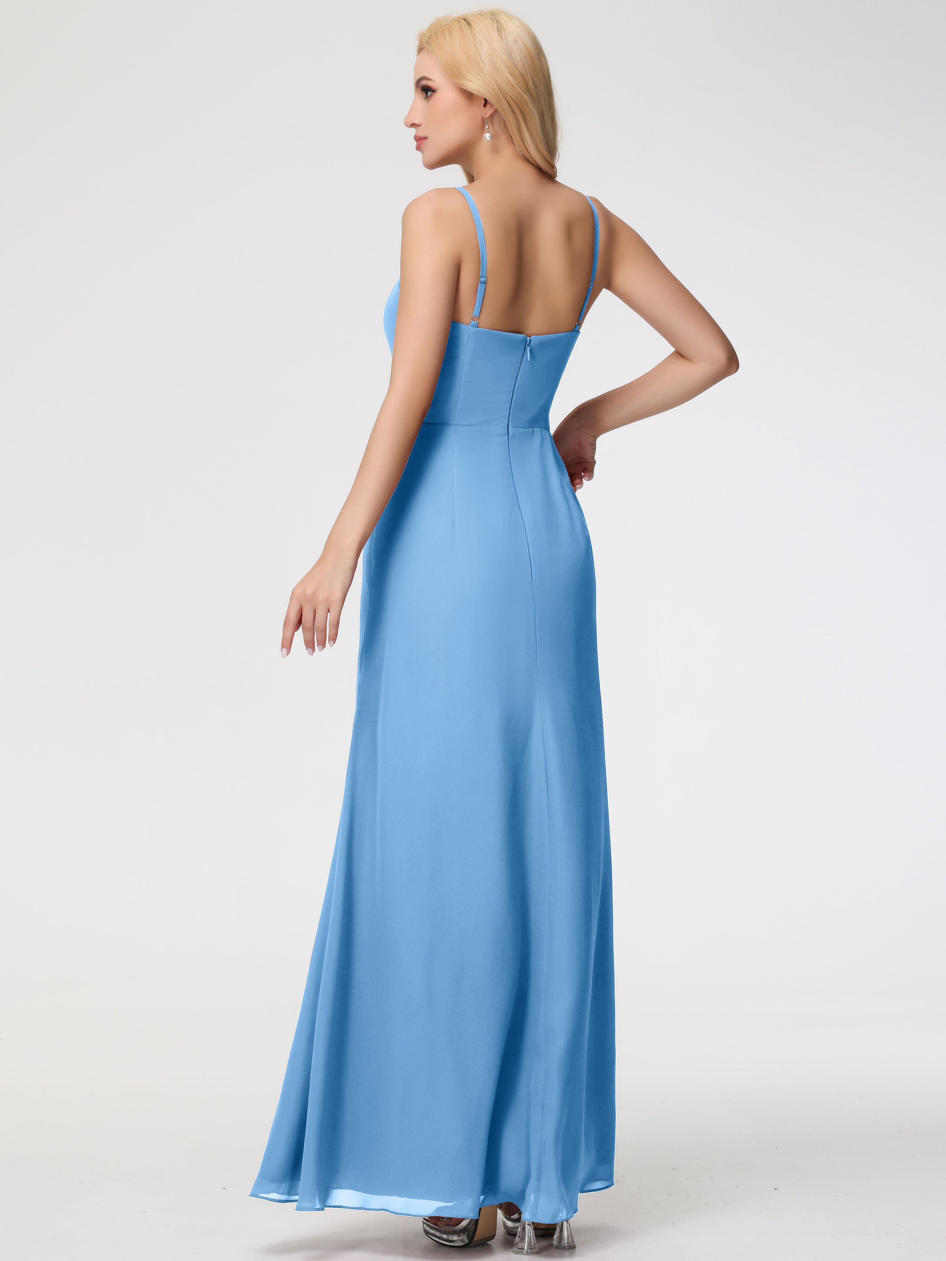Robe De Demoiselle D Honneur Bleu Bretelles Spaghetti Fendue Fourreau/Colonne Mousseline Robe Demoiselle D'Honneur