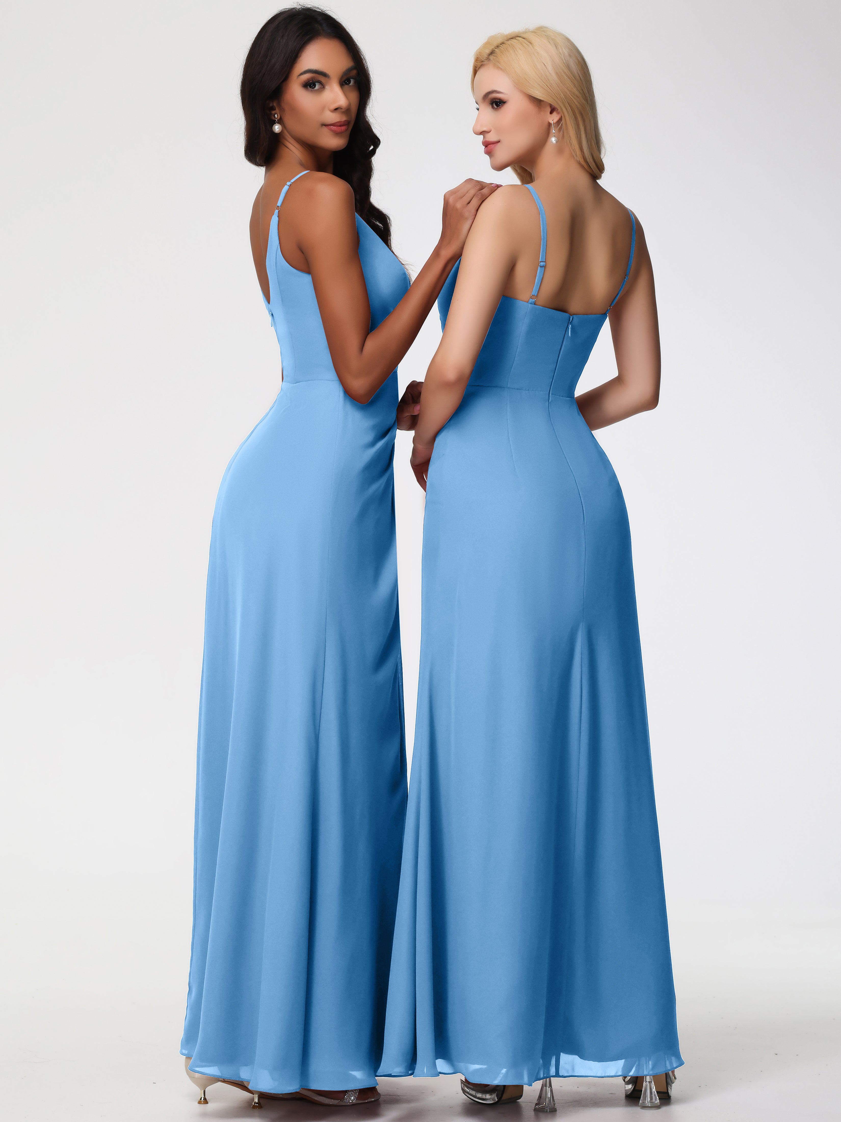 Robe De Demoiselle D Honneur Bleu Bretelles Spaghetti Fendue Fourreau/Colonne Mousseline Robe Demoiselle D'Honneur