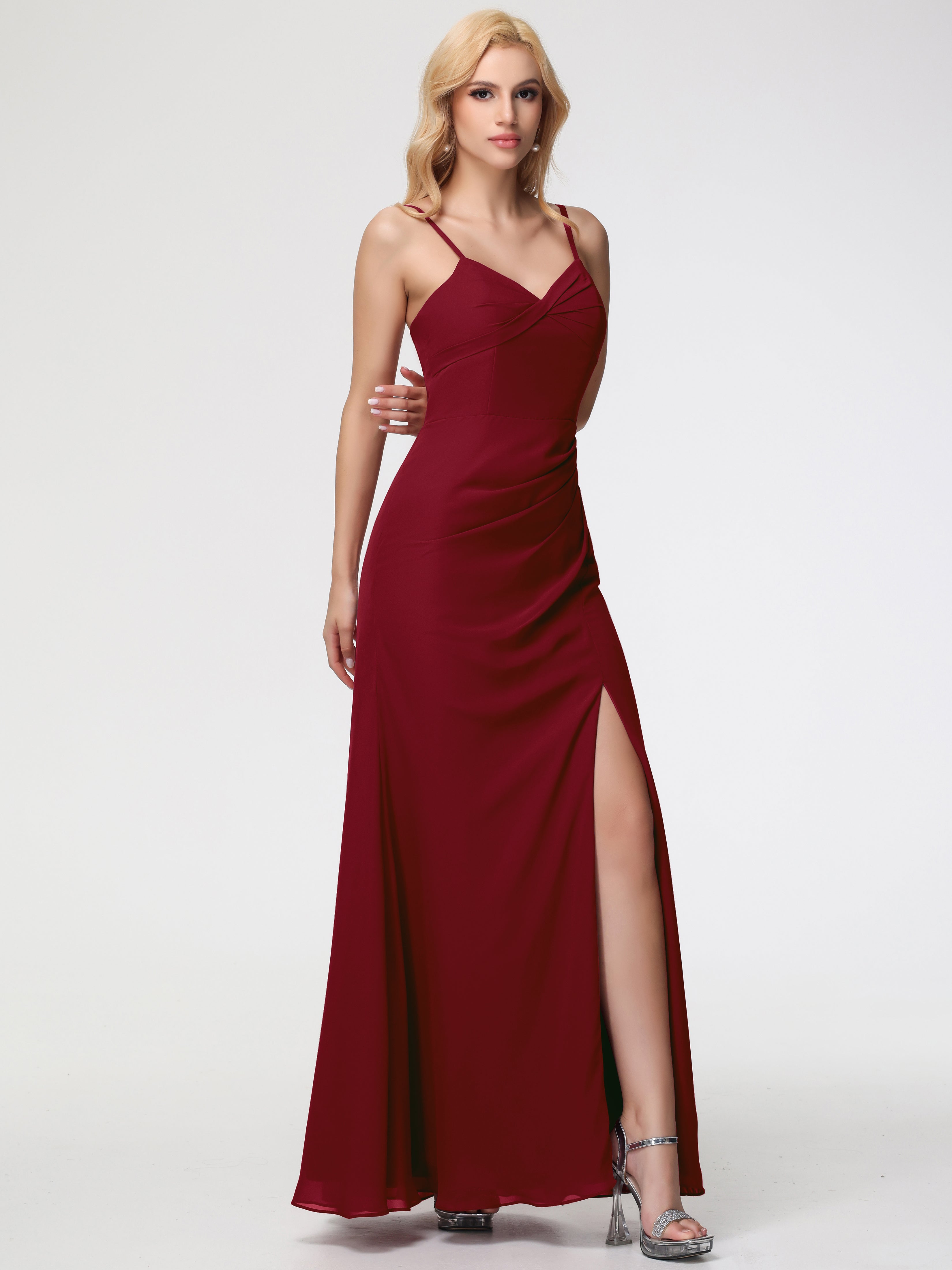 Robe Bordeaux Demoiselle D Honneur Bretelles Spaghetti Fendue Fourreau/Colonne Mousseline Robe Demoiselle D'Honneur