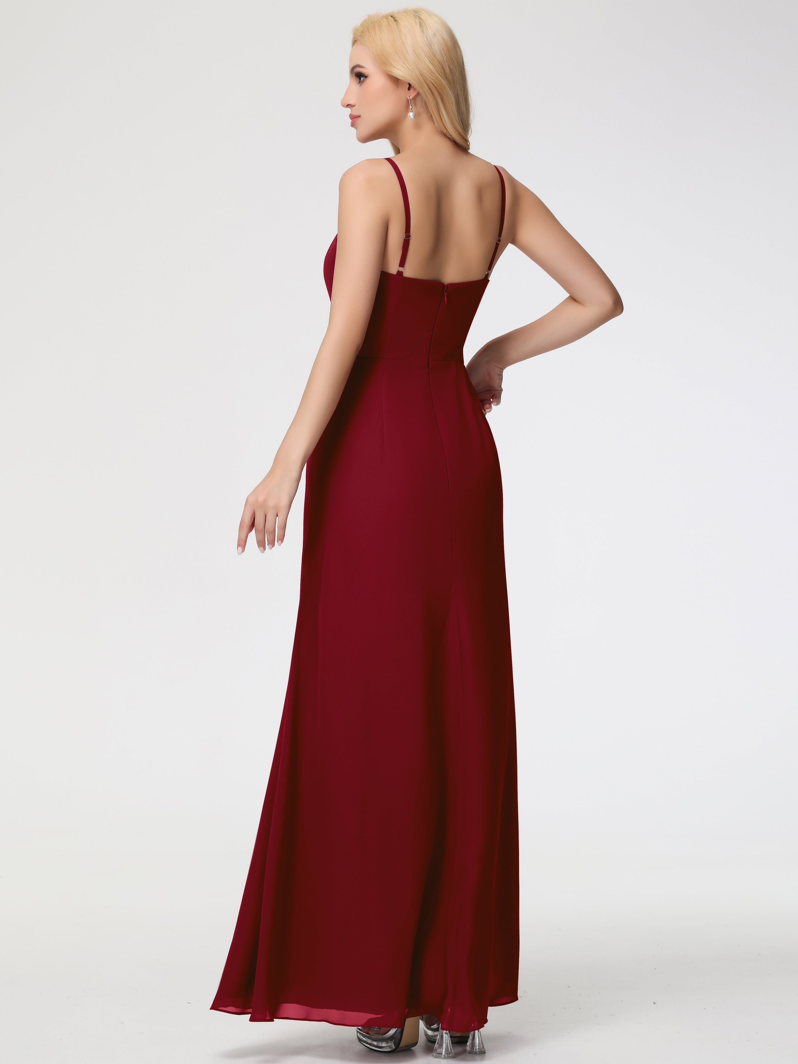 Robe Bordeaux Demoiselle D Honneur Bretelles Spaghetti Fendue Fourreau/Colonne Mousseline Robe Demoiselle D'Honneur