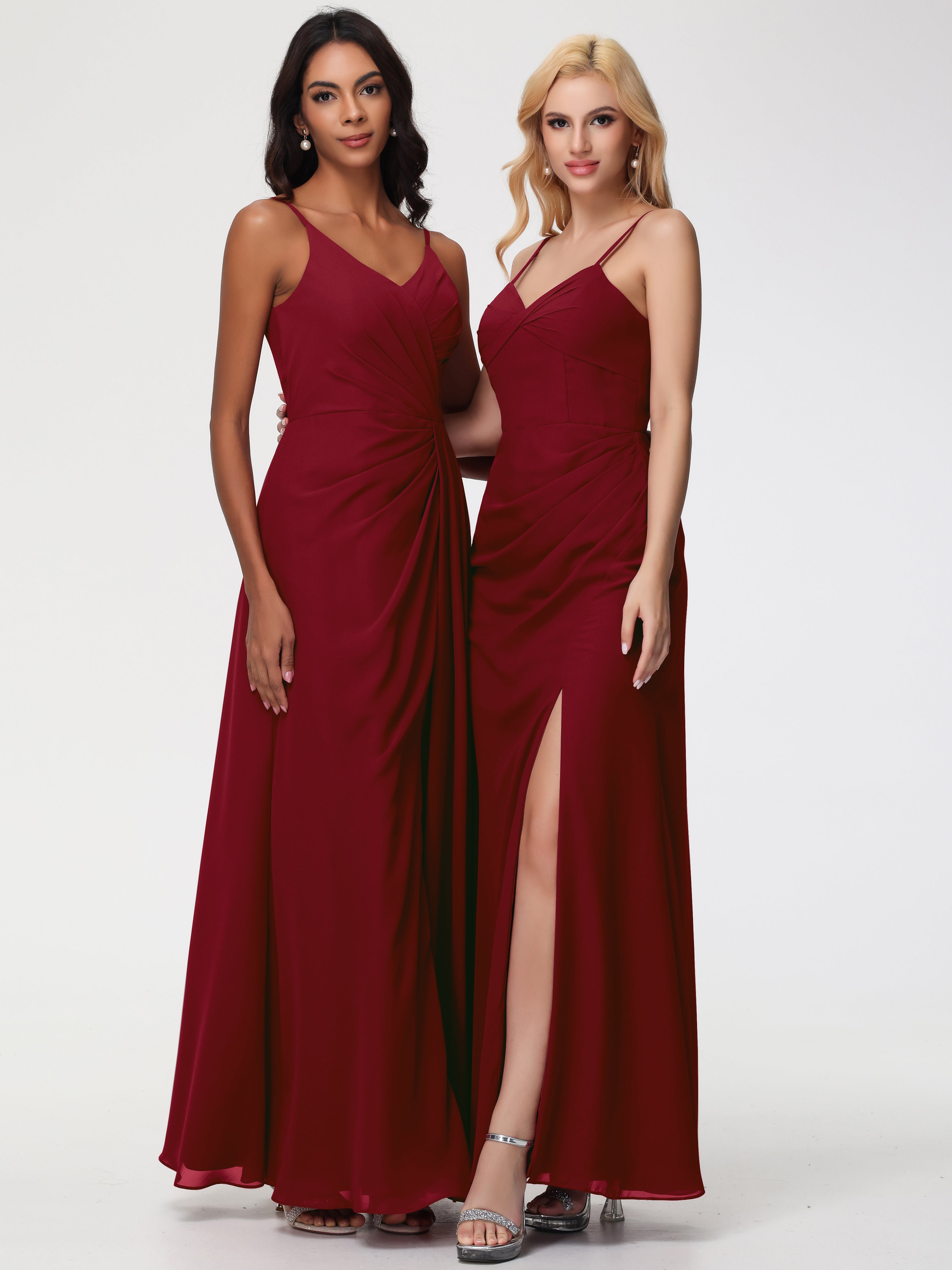Robe Bordeaux Demoiselle D Honneur Bretelles Spaghetti Fendue Fourreau/Colonne Mousseline Robe Demoiselle D'Honneur