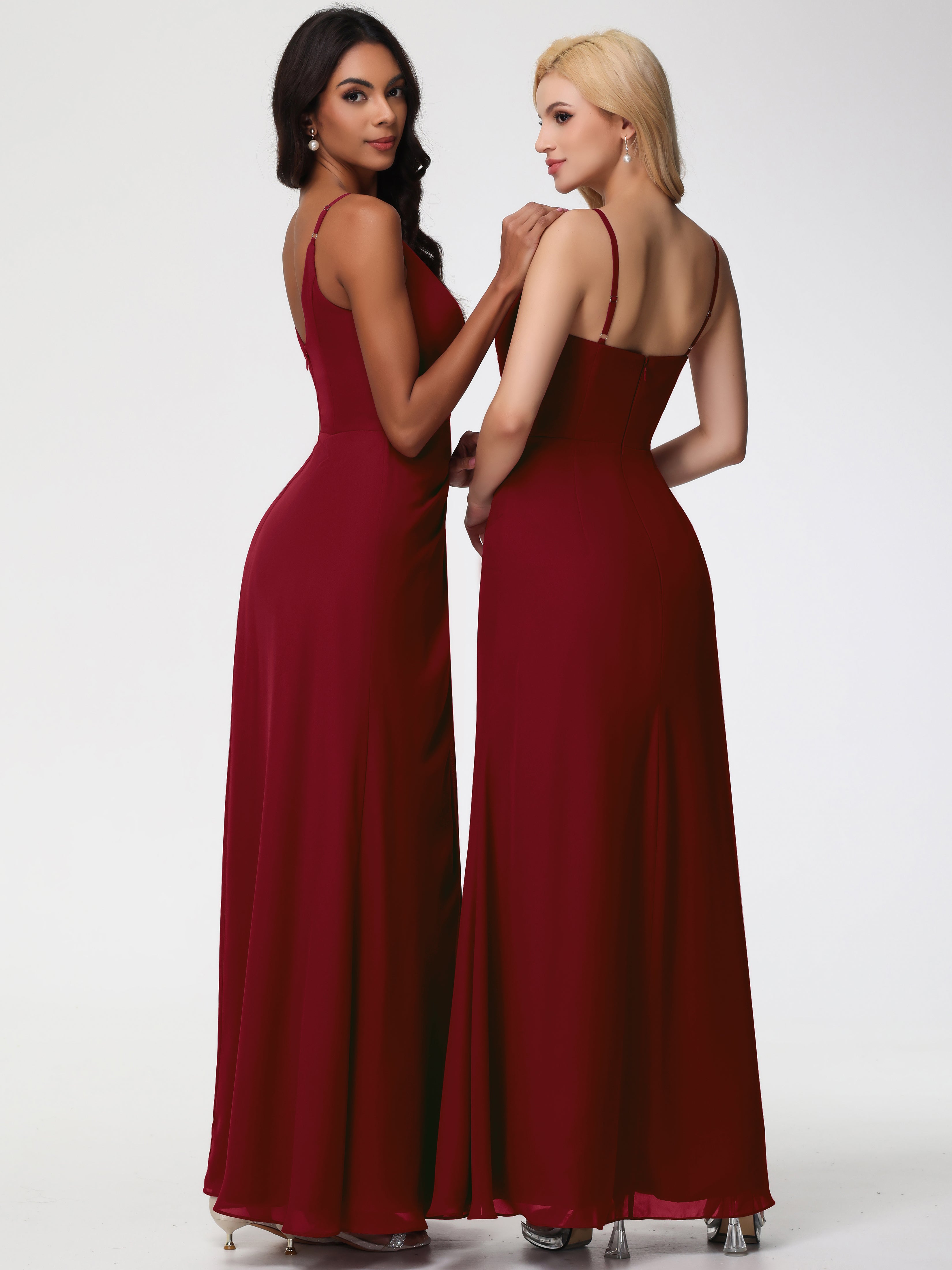 Robe Bordeaux Demoiselle D Honneur Bretelles Spaghetti Fendue Fourreau/Colonne Mousseline Robe Demoiselle D'Honneur